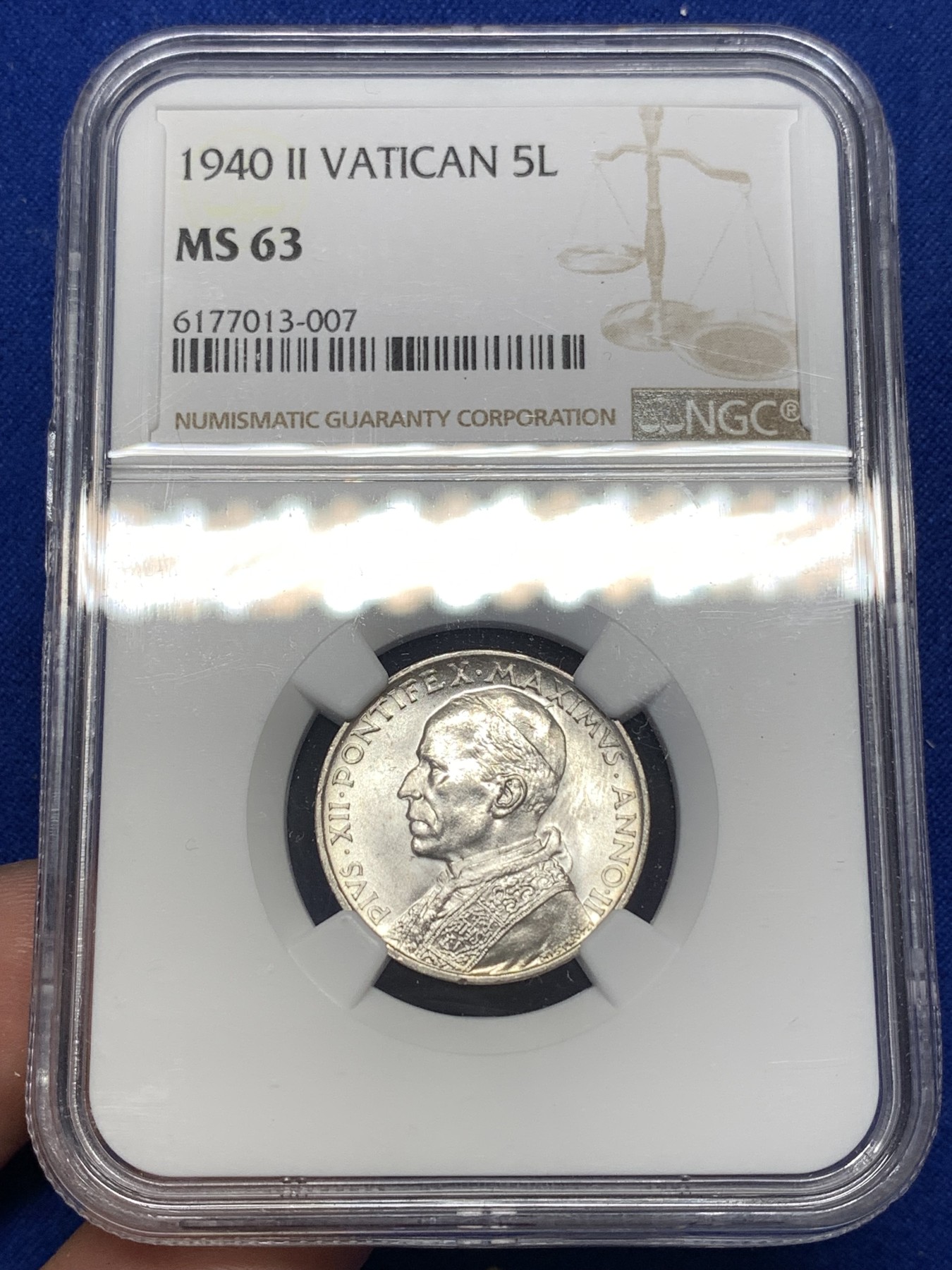 《竞宝斋》第189场-周日，周一 2场 (全场包邮) NGC-MS63 梵蒂冈 1940年 5里拉 划船银币 也很少见了