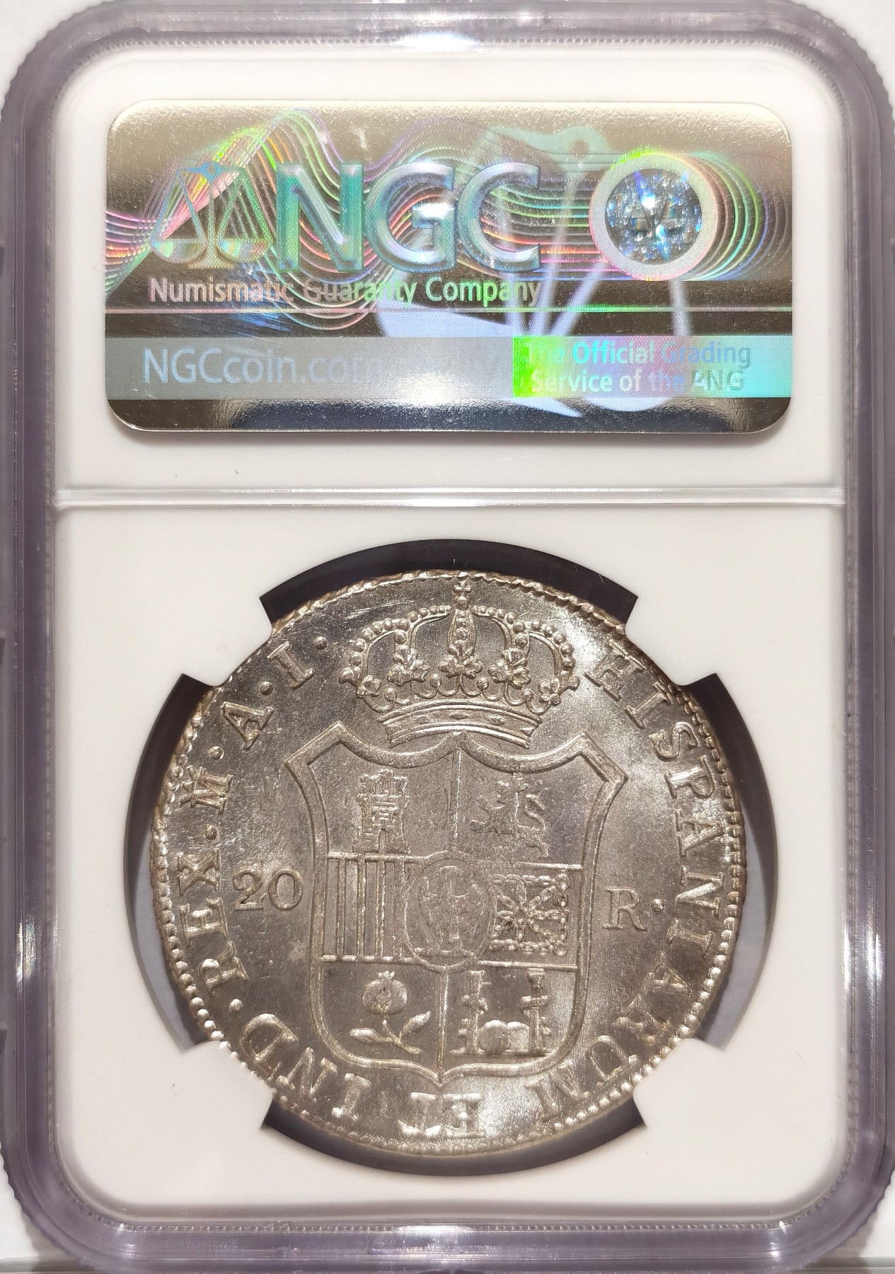 博洋堂“纯白金之夜”精品专场暨第039期（全场包邮） NGC MS62 法占西班牙拿破仑一世1810年20里亚尔大银币 粉光闪闪 一颗毕业 状态低评 58分已经六千