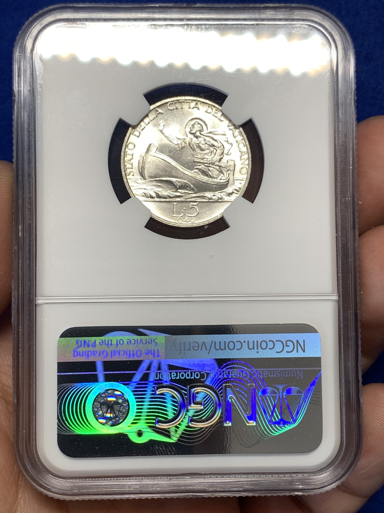 《竞宝斋》第189场-周日，周一 2场 (全场包邮) NGC-MS63 梵蒂冈 1940年 5里拉 划船银币 也很少见了