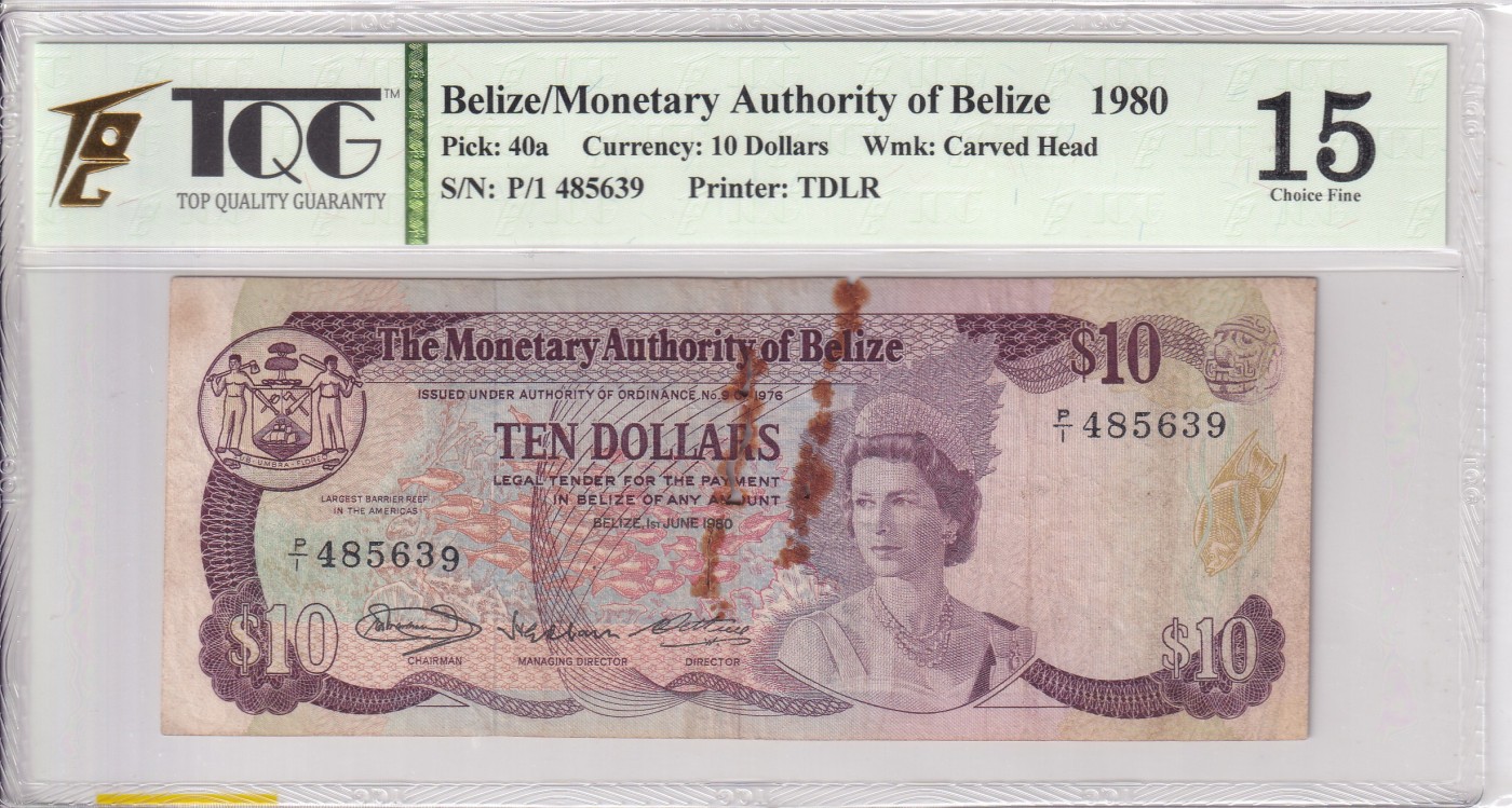 乐淘淘纸币精选 第15期 周五周六连拍第二场 【P/1 485639】伯利兹1980年纸币 10元 首发年份 女王钞 TQG15