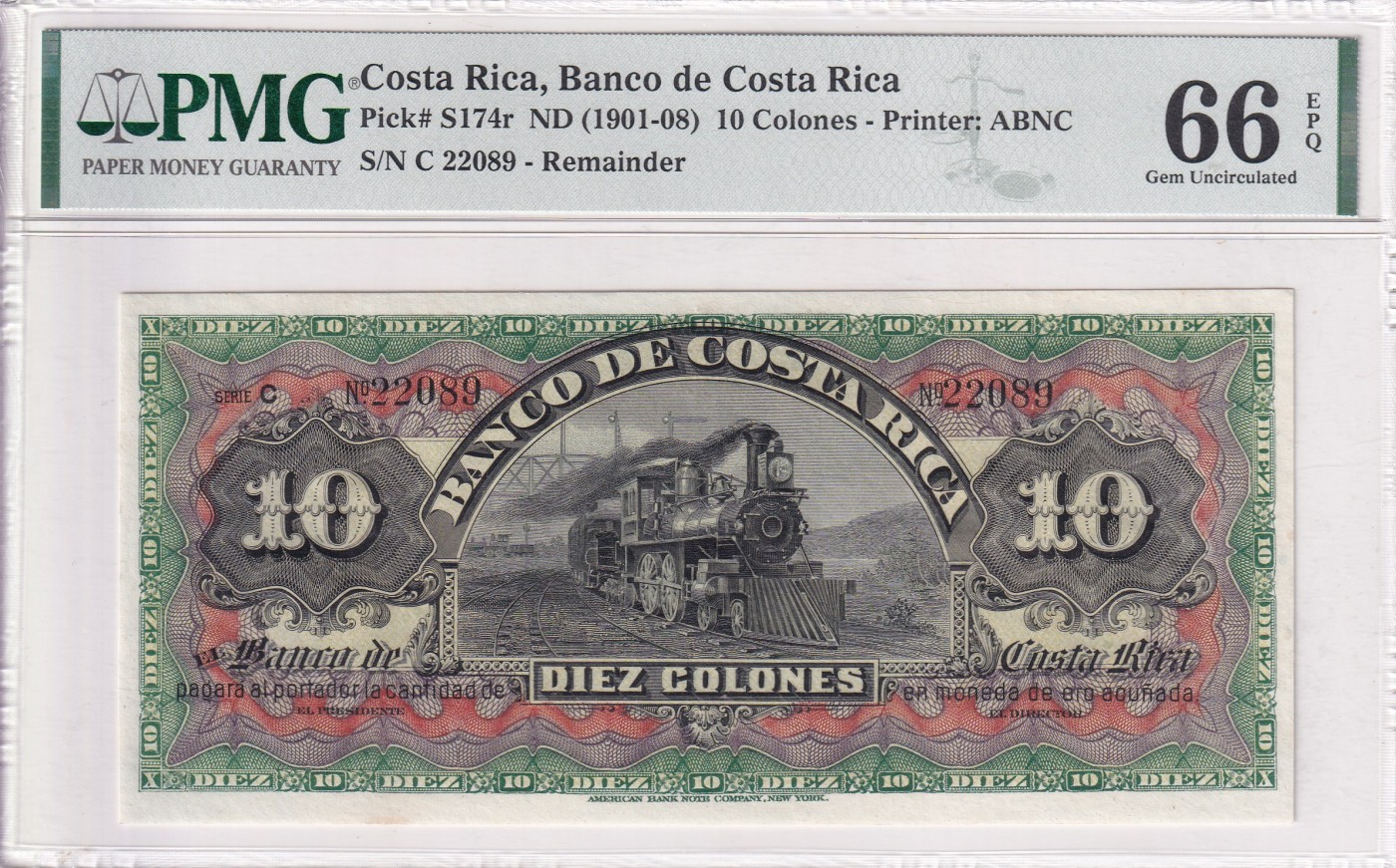乐淘淘纸币精选 第15期 周五周六连拍第二场 【C 22089】哥斯达黎加1901-08年纸币 10克朗 百年老钞 精美票面 PMG66EPQ 亚军分