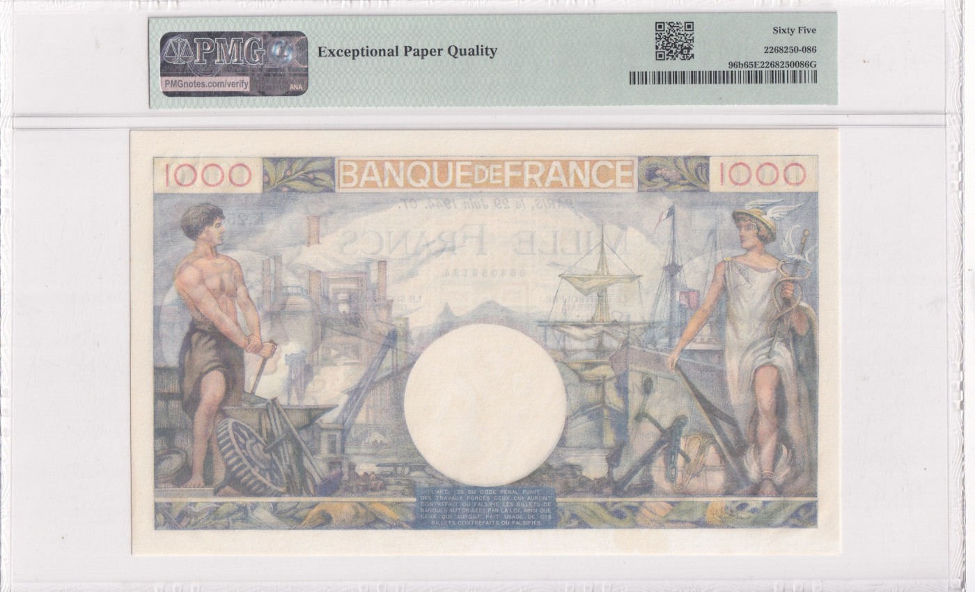 乐淘淘纸币精选 第15期 周五周六连拍第二场 【K.2563 134】法国1941-44年纸币 1000法郎 精美大票幅 PMG65EPQ 季军分