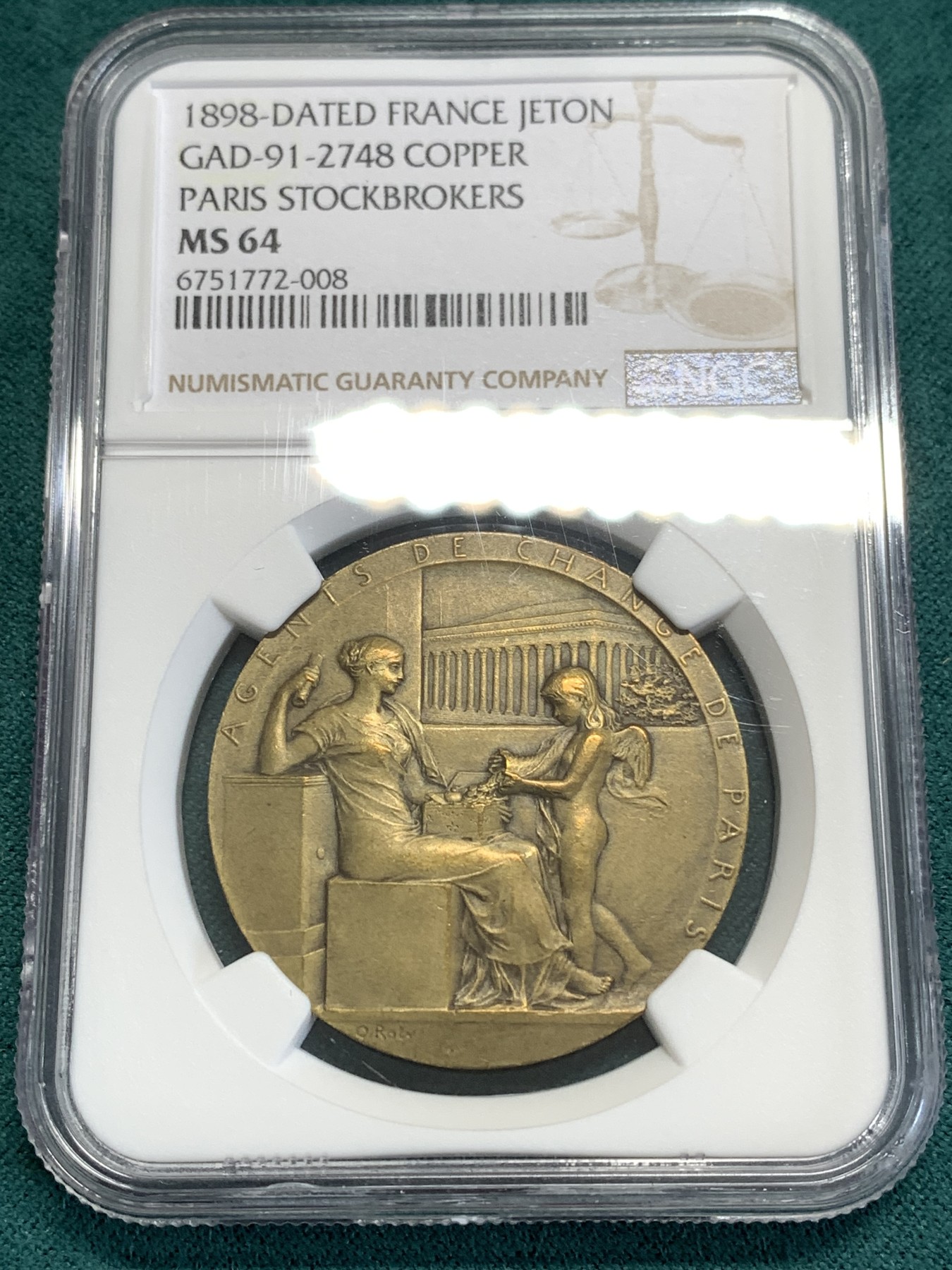 《竞宝斋》第189场-周日，周一 2场 (全场包邮) NGC-MS64 法国 1898年 巴黎股票经纪人铜章代币 O.Roty作品，直径：36.8mm 收藏级