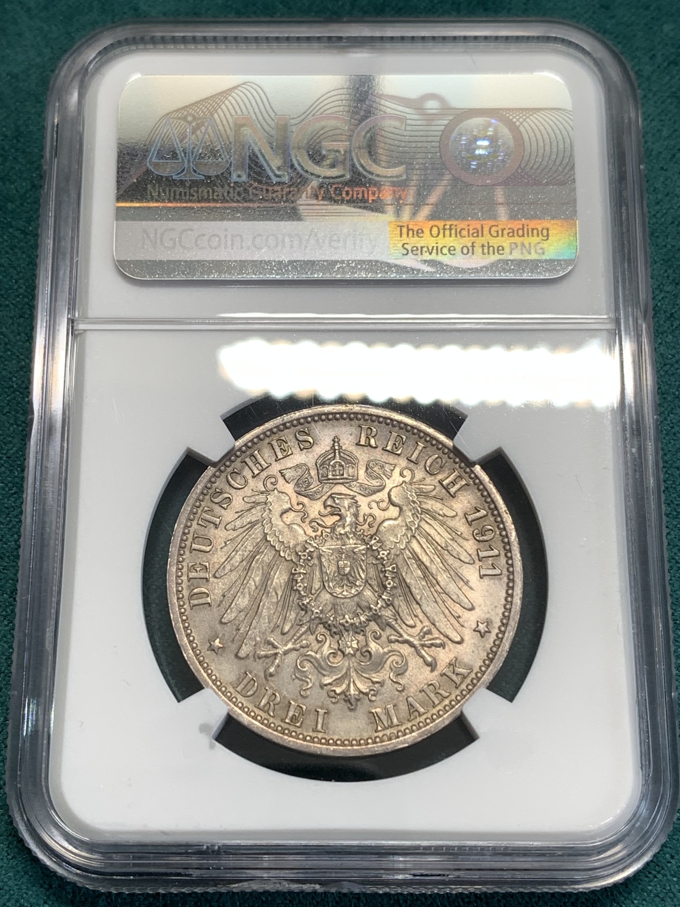 《竞宝斋》第189场-周日，周一 2场 (全场包邮) NGC-MS63 德国1911符腾堡威廉二世3马克纪念银币