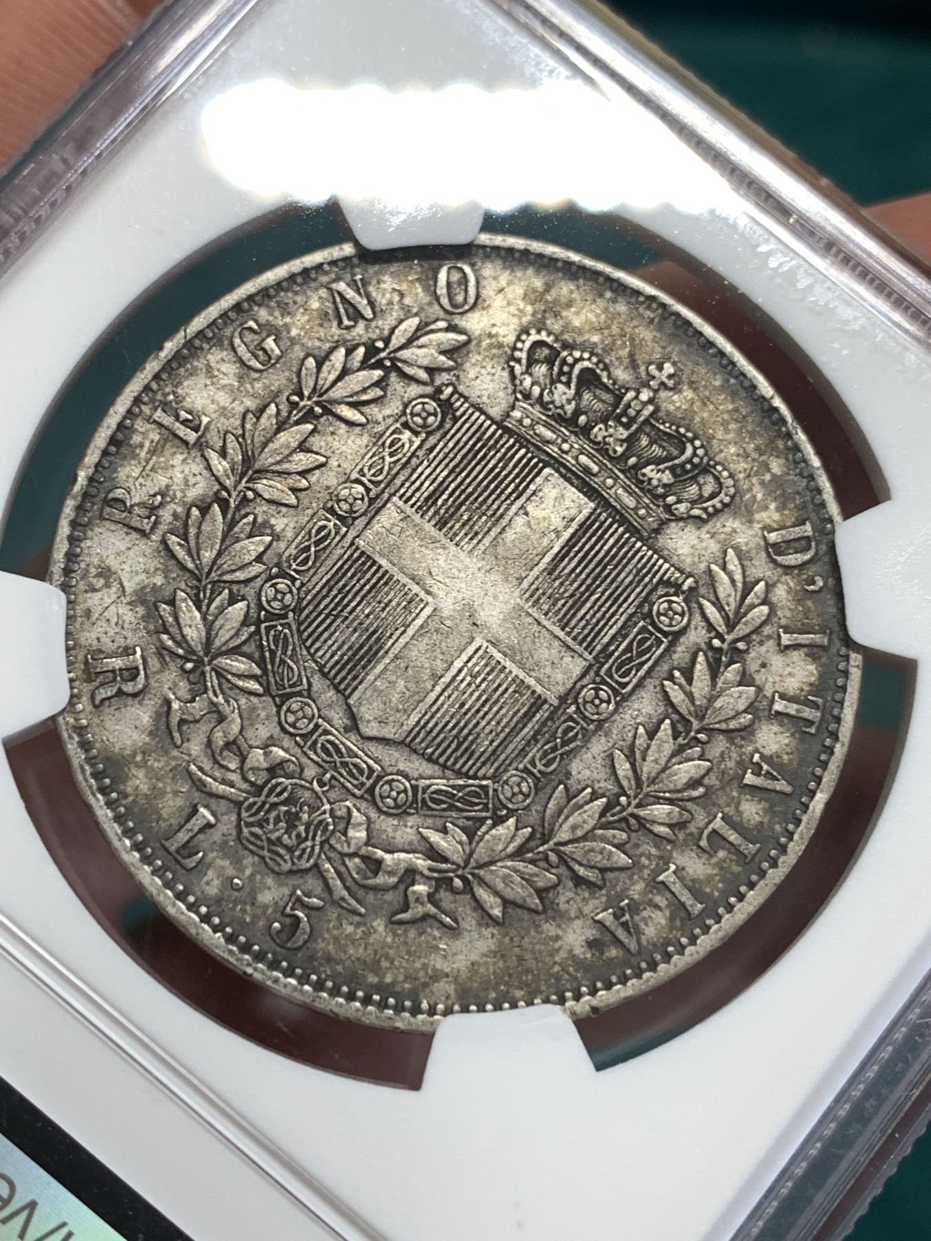 《竞宝斋》第189场-周日，周一 2场 (全场包邮) NGC XFD 意大利1876年伊曼纽尔二世5里拉大银币 原味老包浆