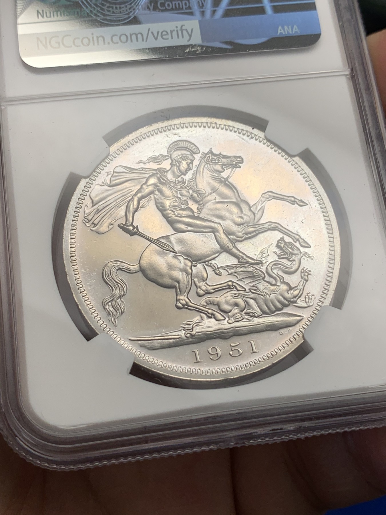 《竞宝斋》第189场-周日，周一 2场 (全场包邮) NGC-PL64 英国 1951年 1克朗 乔治六世 最后的马剑 PL底板 品相好 非常靓