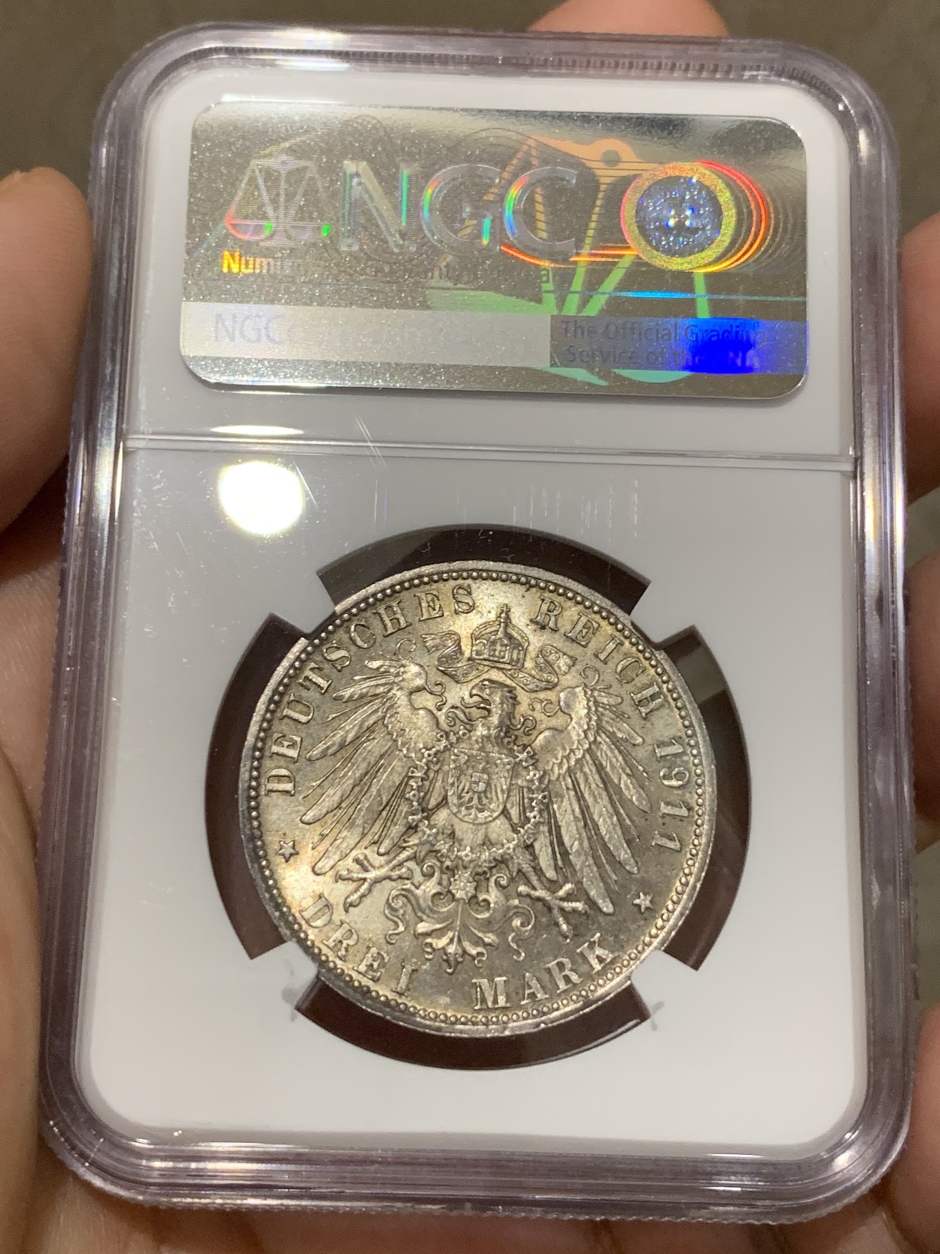 《竞宝斋》第189场-周日，周一 2场 (全场包邮) NGC-MS63 德国1911巴伐利亚利奥波德摄政王90大寿3马克银币