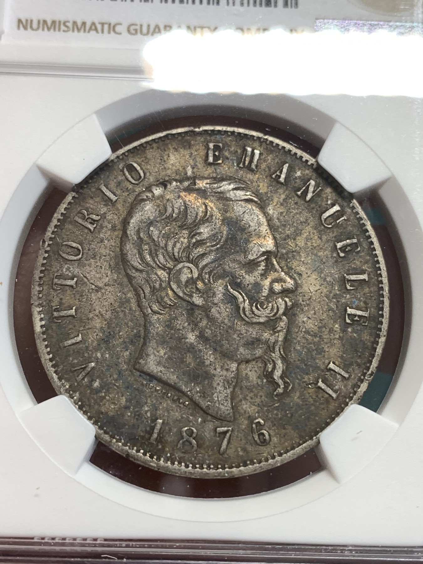 《竞宝斋》第189场-周日，周一 2场 (全场包邮) NGC XFD 意大利1876年伊曼纽尔二世5里拉大银币 原味老包浆