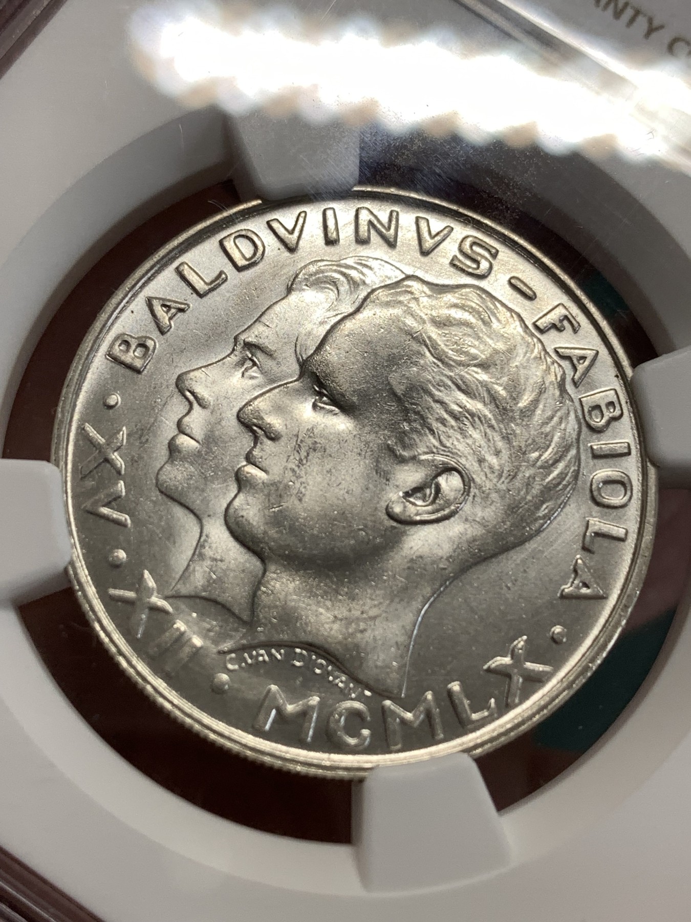 《竞宝斋》第189场-周日，周一 2场 (全场包邮) NGC MS63 比利时1960年五任国王博杜安一世结婚纪念50法郎银币