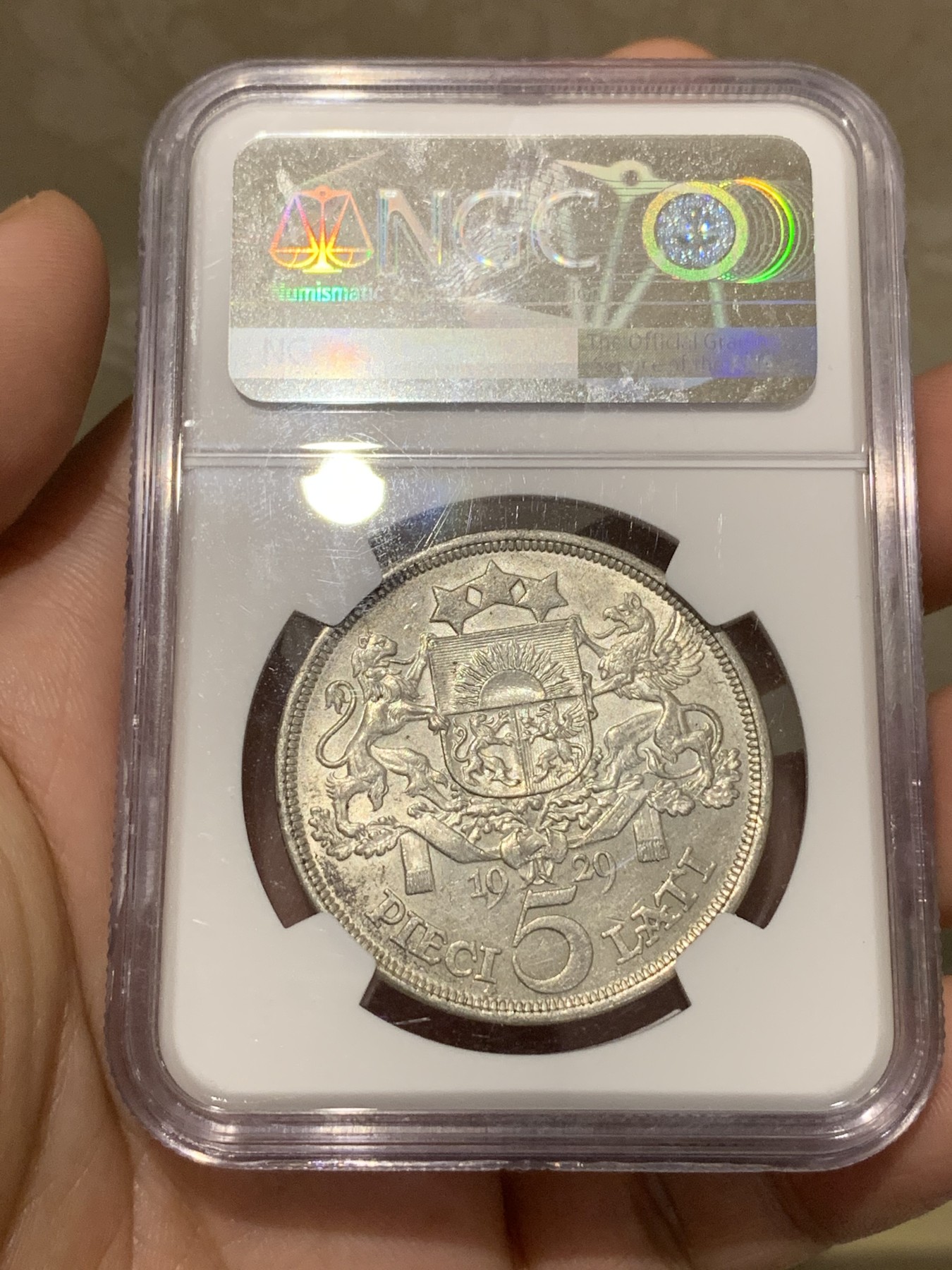 《竞宝斋》第189场-周日，周一 2场 (全场包邮) NGC-MS62 拉脱维亚1929年5拉特银币 带包浆的极少见