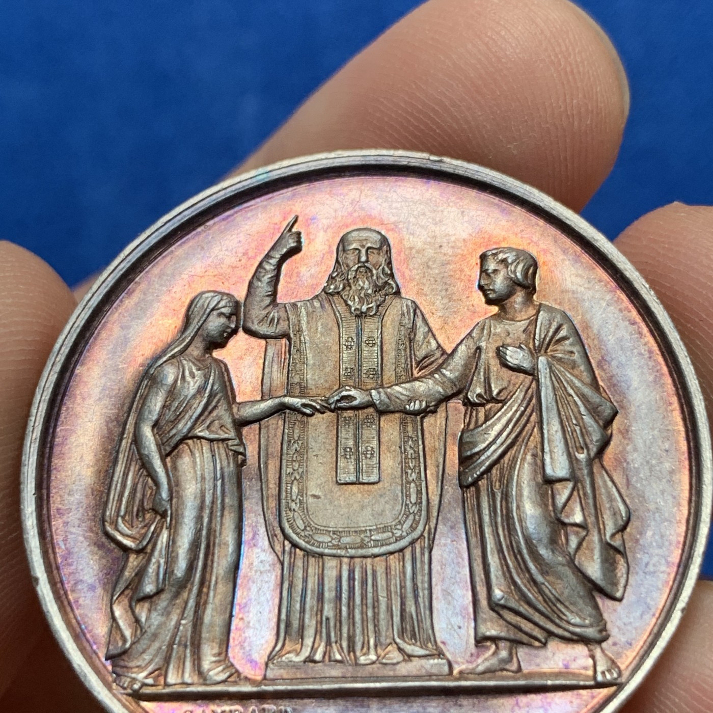 《竞宝斋》第189场-周日，周一 2场 (全场包邮) 法国 早期银质婚章  36.5mm 22.2g 手指边铭1845-1860 银标