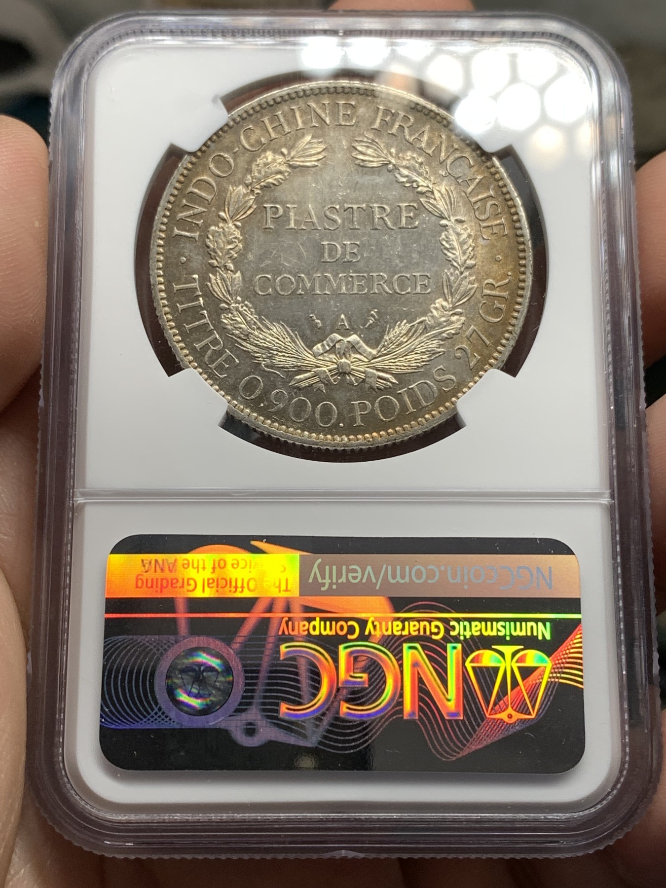 《竞宝斋》第189场-周日，周一 2场 (全场包邮) NGC MS62 法属印支 1907年坐洋银币 淡彩包浆 比较难得