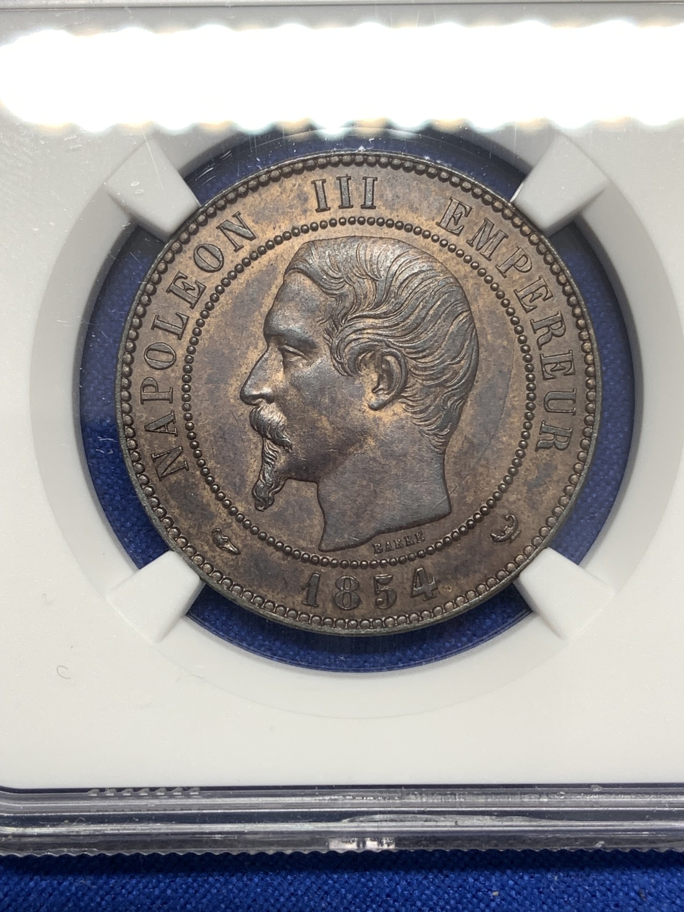 《竞宝斋》第189场-周日，周一 2场 (全场包邮) NGC AU58BN 法国1854 A 拿破仑三世 10分 铜样币 ，拿三样币太少见了