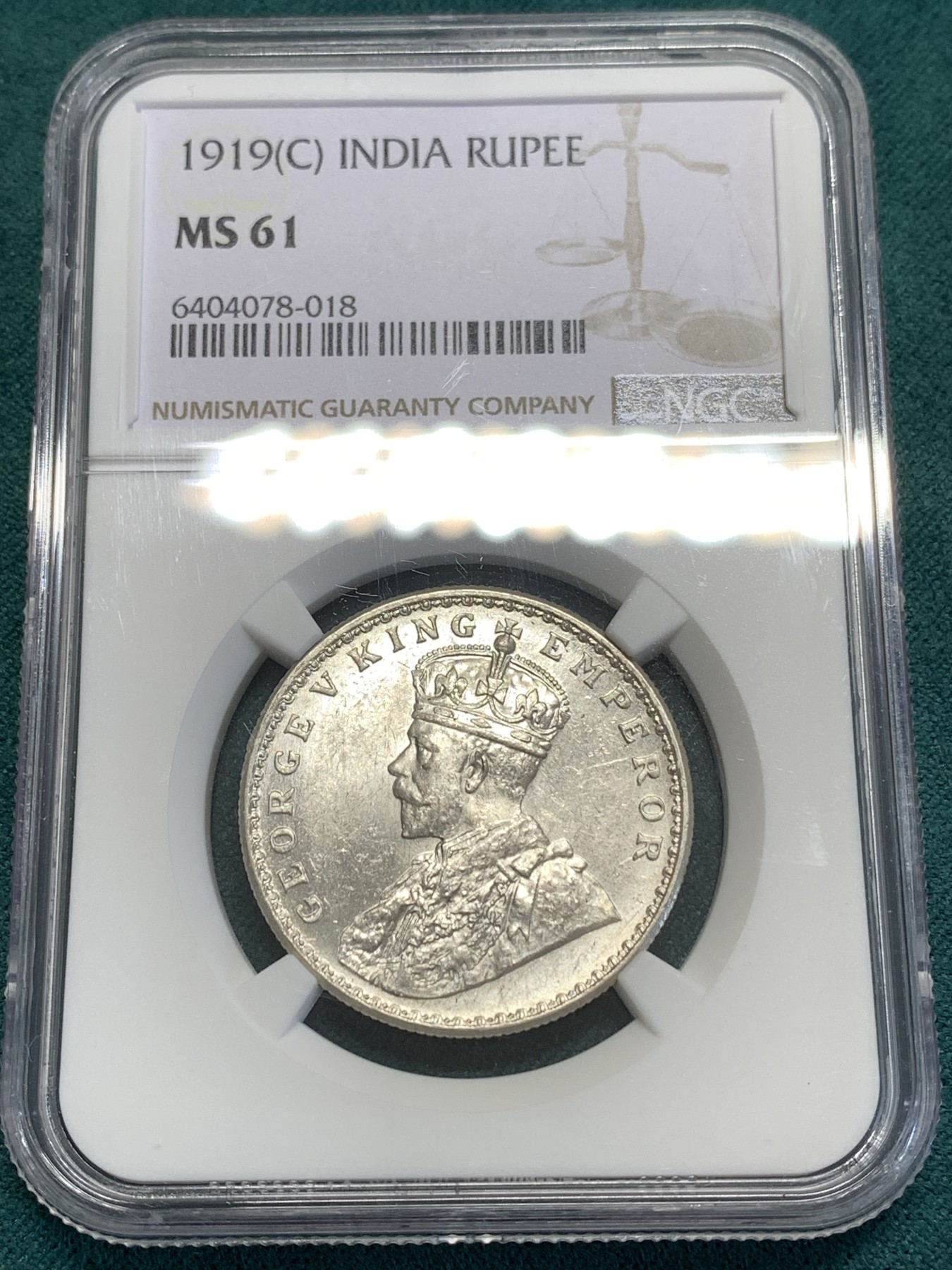 《竞宝斋》第189场-周日，周一 2场 (全场包邮) NGC-MS61 印度 1919年 乔治五世1卢比银币