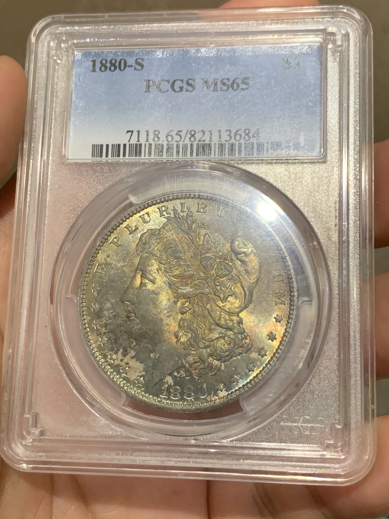 《竞宝斋》第189场-周日，周一 2场 (全场包邮) PCGS MS65 美国1880年摩根 极品五彩 这个五彩不多说了 喜欢直接干