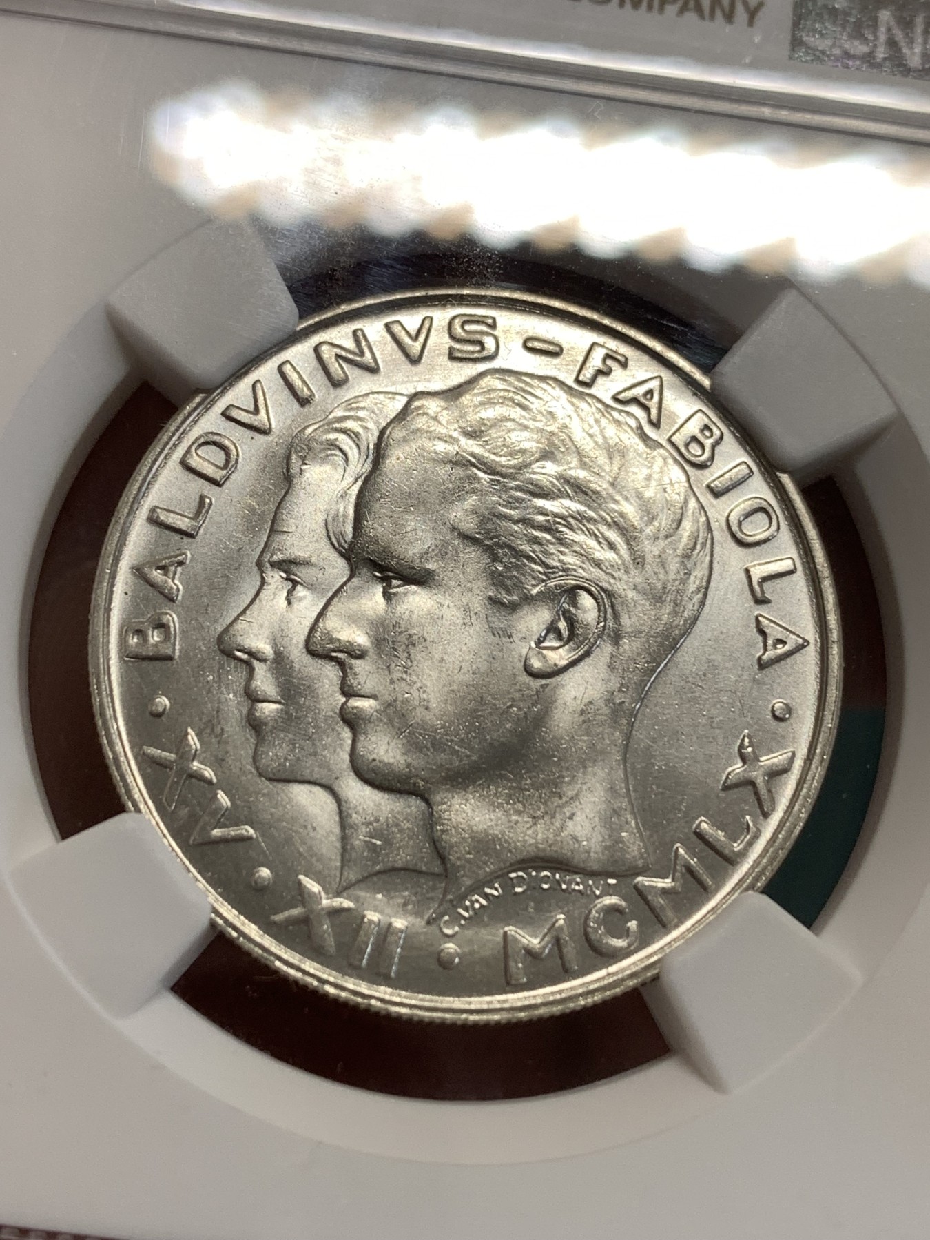 《竞宝斋》第189场-周日，周一 2场 (全场包邮) NGC MS63 比利时1960年五任国王博杜安一世结婚纪念50法郎银币