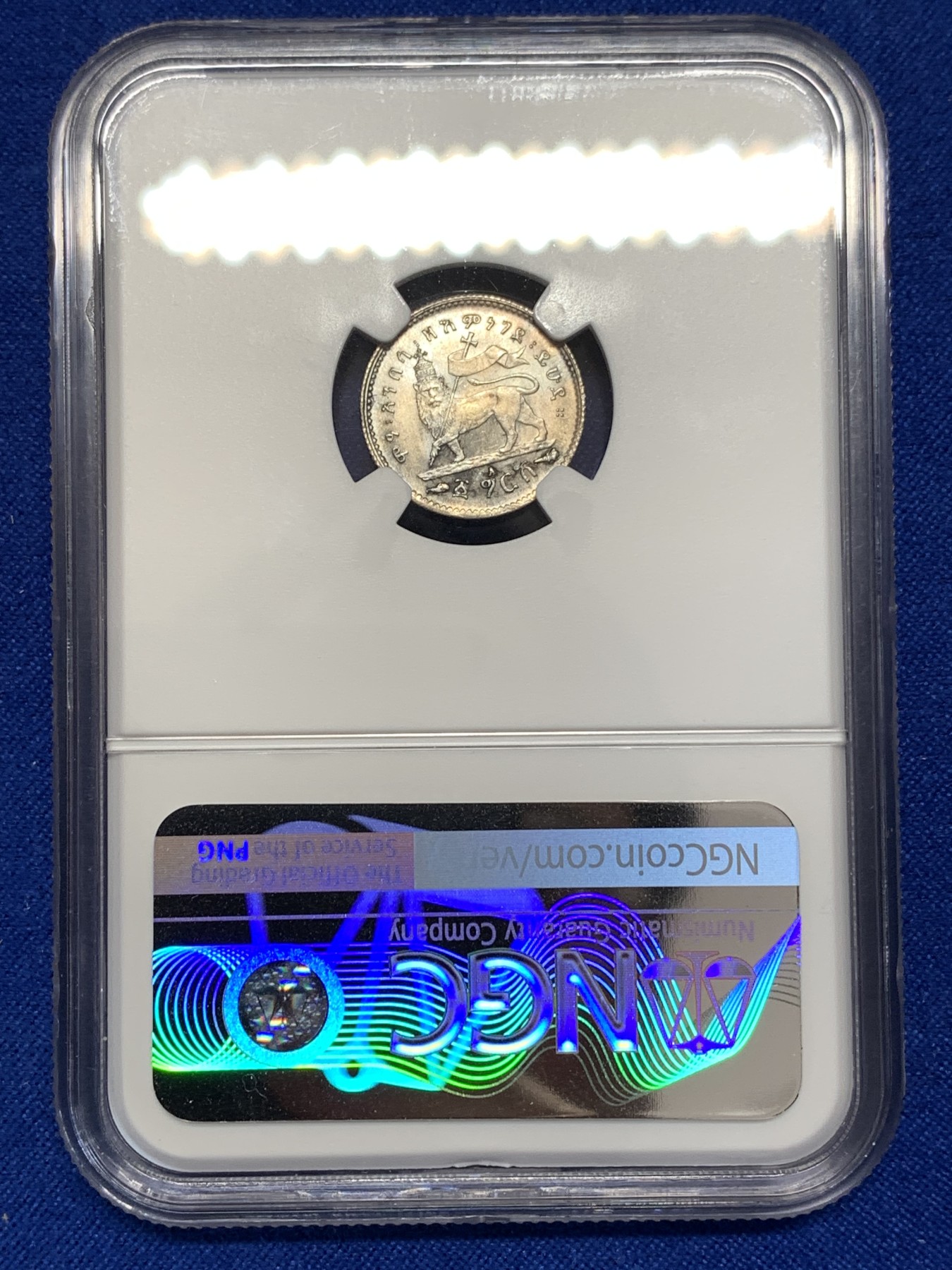 《竞宝斋》第189场-周日，周一 2场 (全场包邮) NGC-MS63 埃塞俄比亚 1895年 狮子左扛旗1G小银币