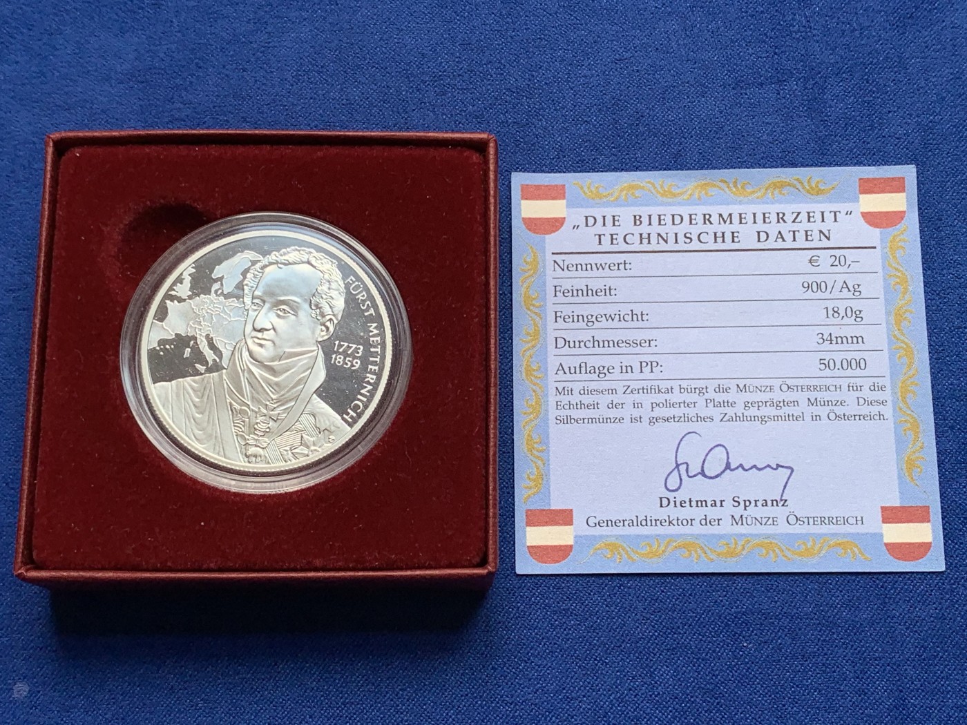 《竞宝斋》第189场-周日，周一 2场 (全场包邮) 奥地利2003年毕德麦耶时代纪念20欧元精制银币 梅特涅宰相和拿破仑战争后的欧洲 早期工业化 原盒证书 发行仅五万枚