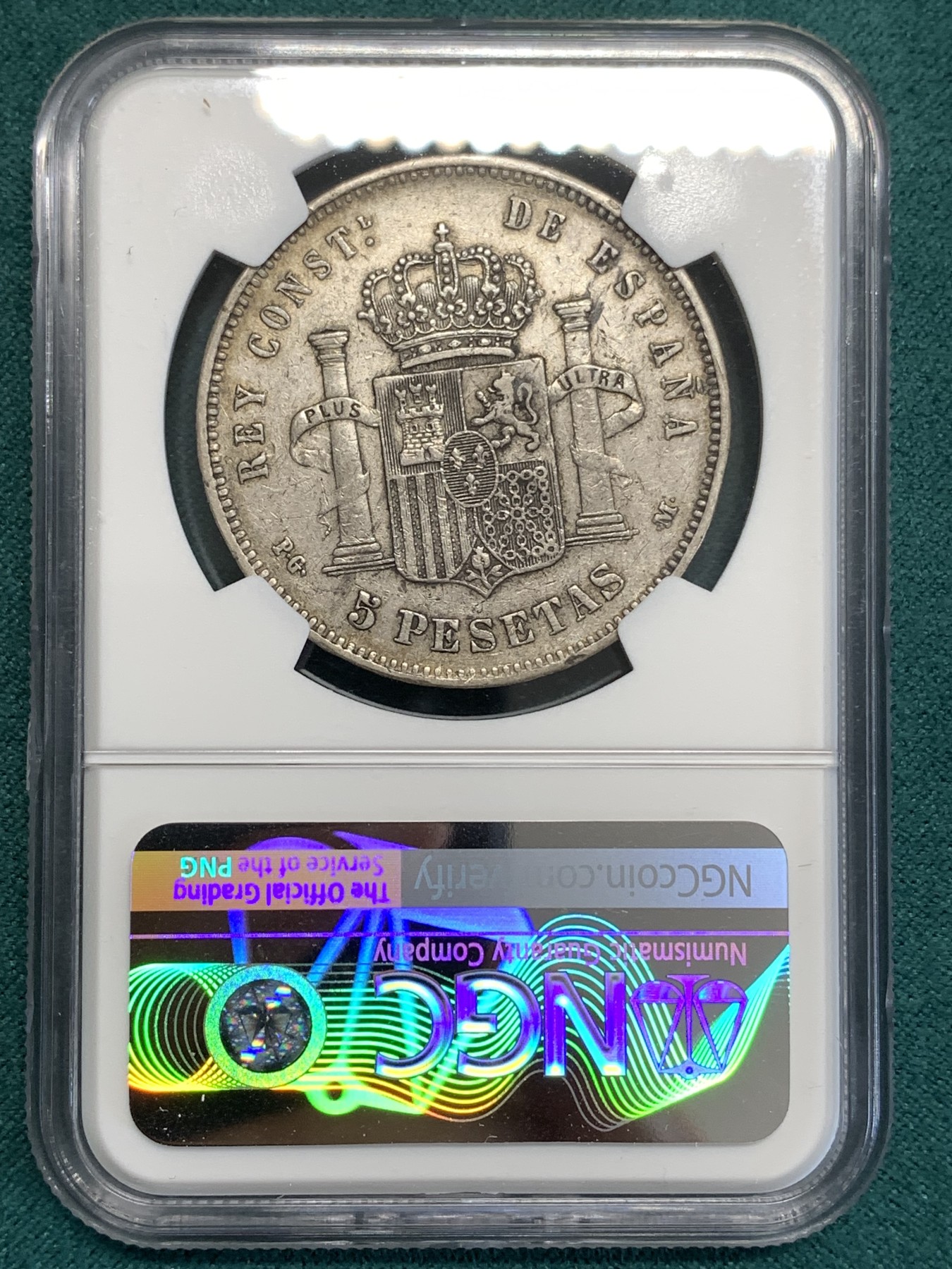 《竞宝斋》第189场-周日，周一 2场 (全场包邮) NGC-XF40 西班牙1891年 阿方索十三世 5比塞塔双柱大银币 状态好