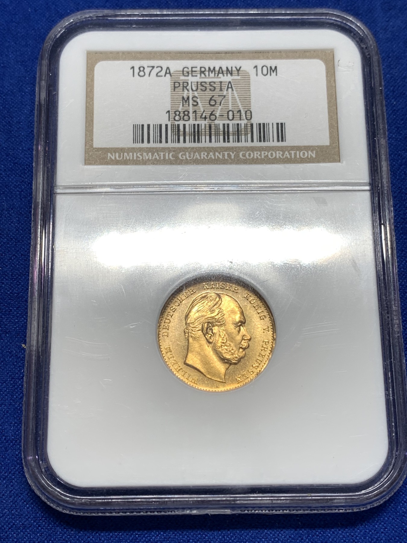 《竞宝斋》第189场-周日，周一 2场 (全场包邮) NGC-MS67 1872A德国普鲁士10马克金币，超高分 3.98克900金