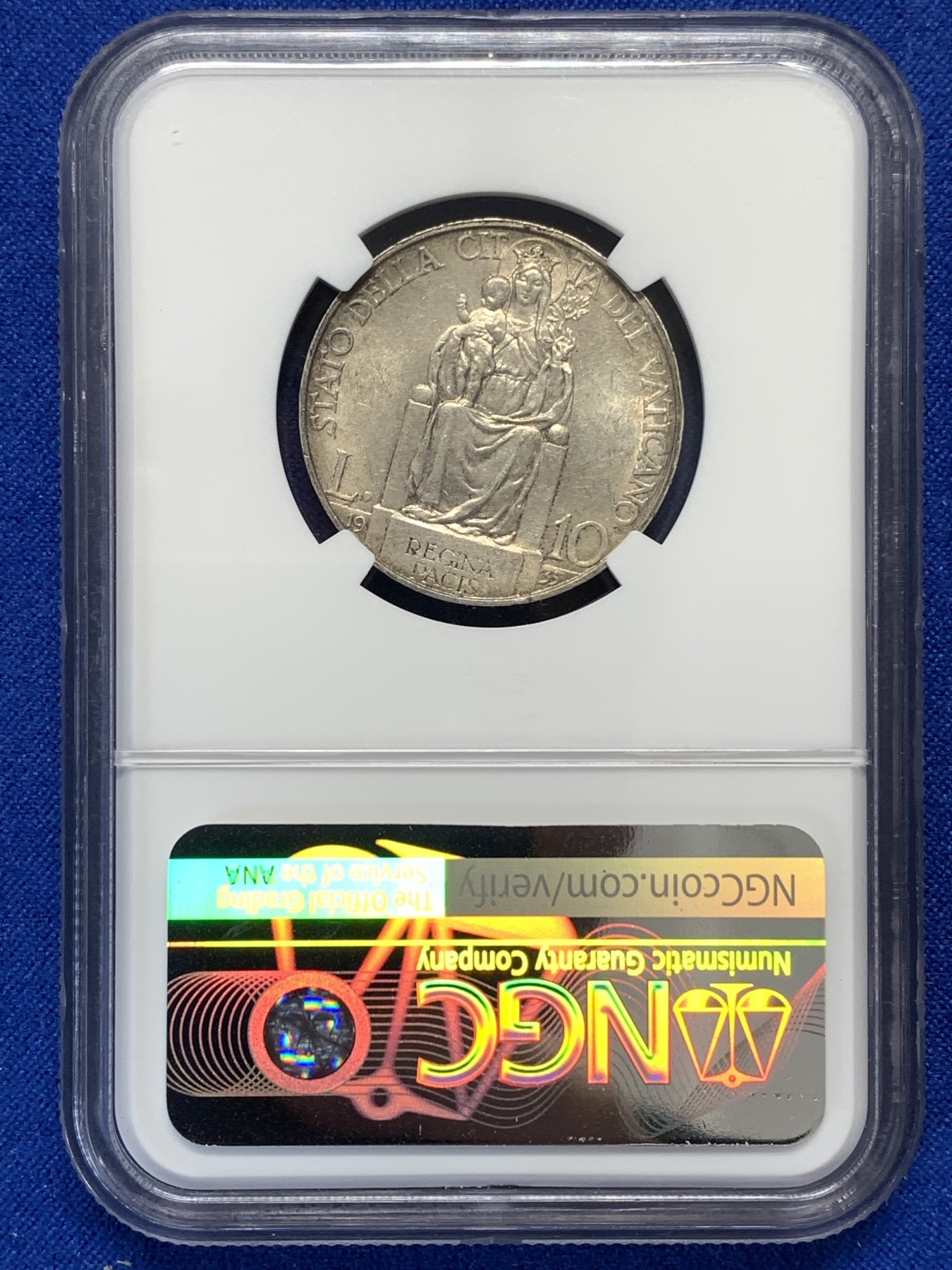 《竞宝斋》第189场-周日，周一 2场 (全场包邮) NGC-MS63 梵蒂冈1935年早期10里拉银币 圣母抱婴 MS少见