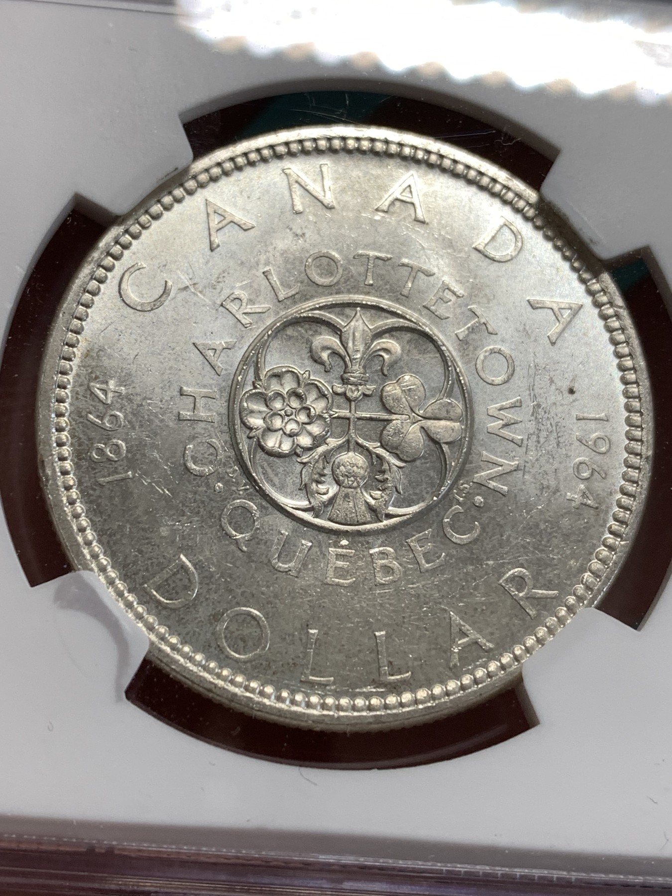 《竞宝斋》第189场-周日，周一 2场 (全场包邮) NGC MS63 加拿大1964年夏洛特敦和魁北克会议100周年纪念银币