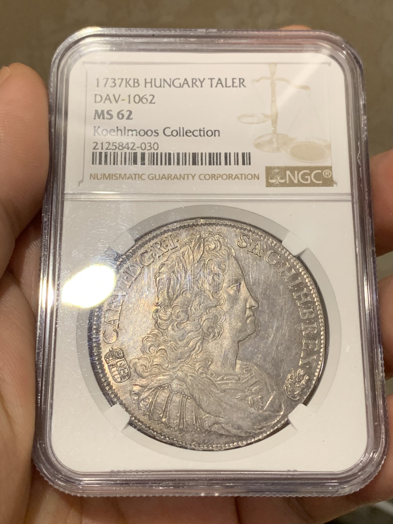 《竞宝斋》第189场-周日，周一 2场 (全场包邮) 冠军分 NGC-MS62 神圣罗马帝国 查理六世 1737年1泰勒银币 匈牙利版 PL感明显！ 名家旧藏，淡金包浆，有精制感，实物极美！匈牙利系列大涨，好品极难得，比同时期奥地利少太多。不可错过