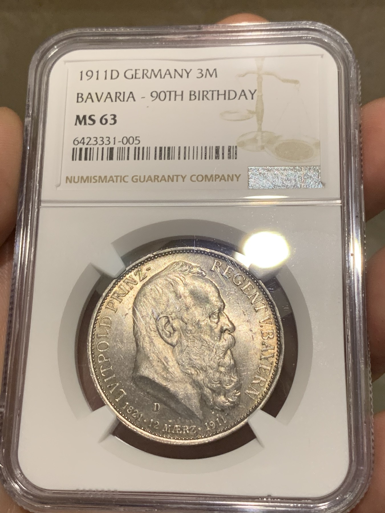 《竞宝斋》第189场-周日，周一 2场 (全场包邮) NGC-MS63 德国1911巴伐利亚利奥波德摄政王90大寿3马克银币