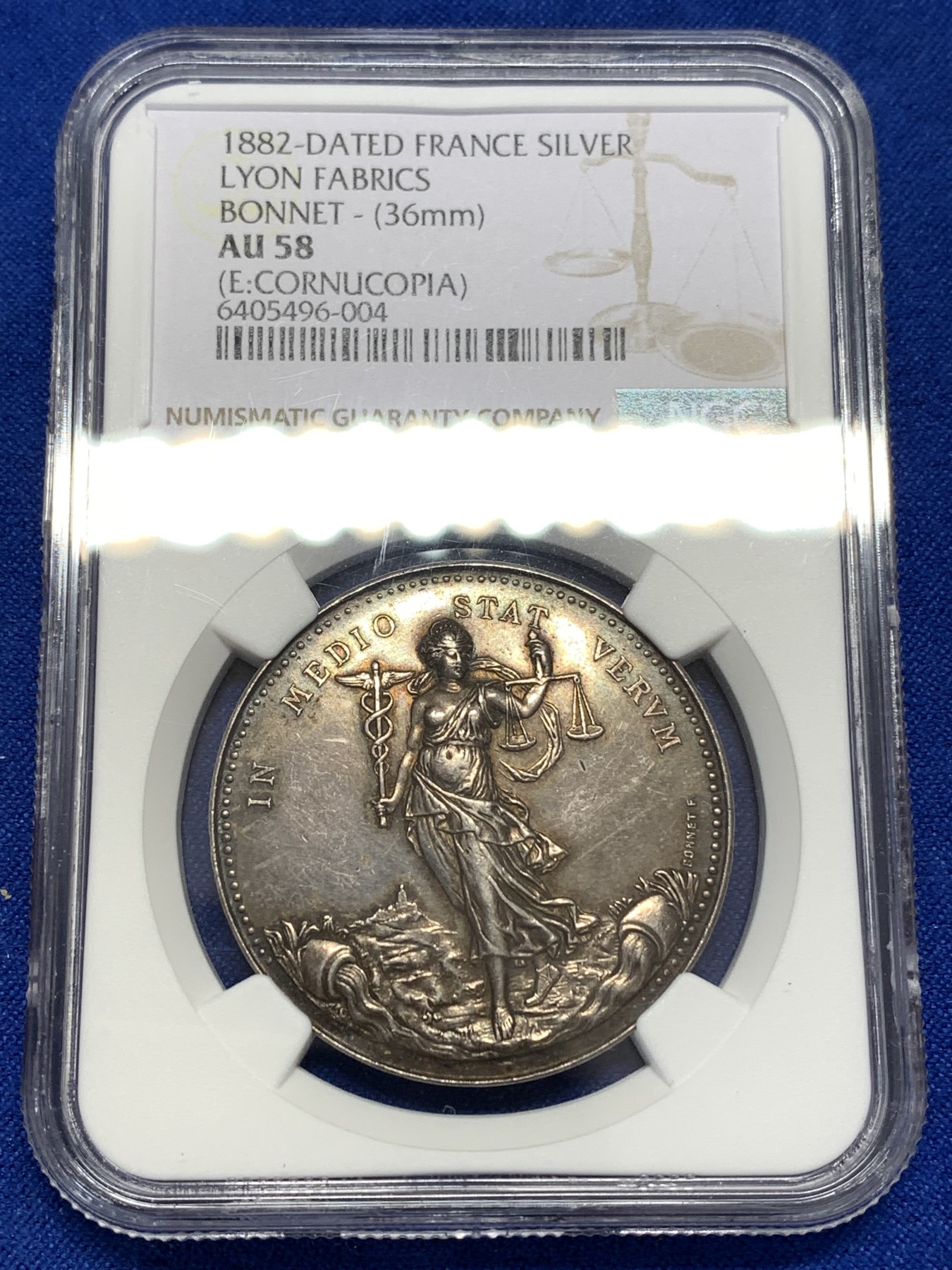 《竞宝斋》第189场-周日，周一 2场 (全场包邮) NGC-AU58 法国1882里昂丝绸女神银代币 高浮雕 丰饶角 精美五彩代币