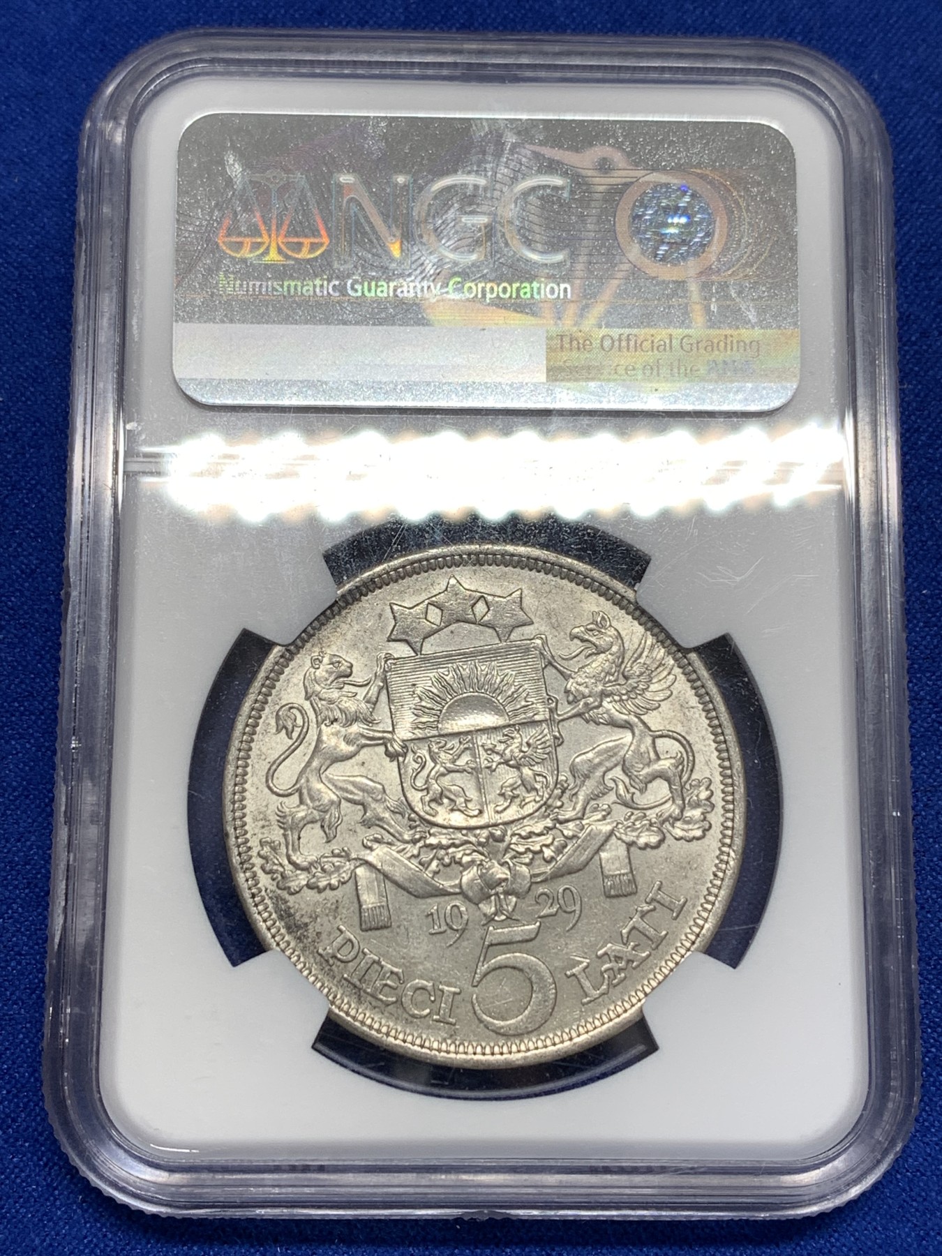 《竞宝斋》第189场-周日，周一 2场 (全场包邮) NGC-MS62 拉脱维亚1929年5拉特银币 带包浆的极少见