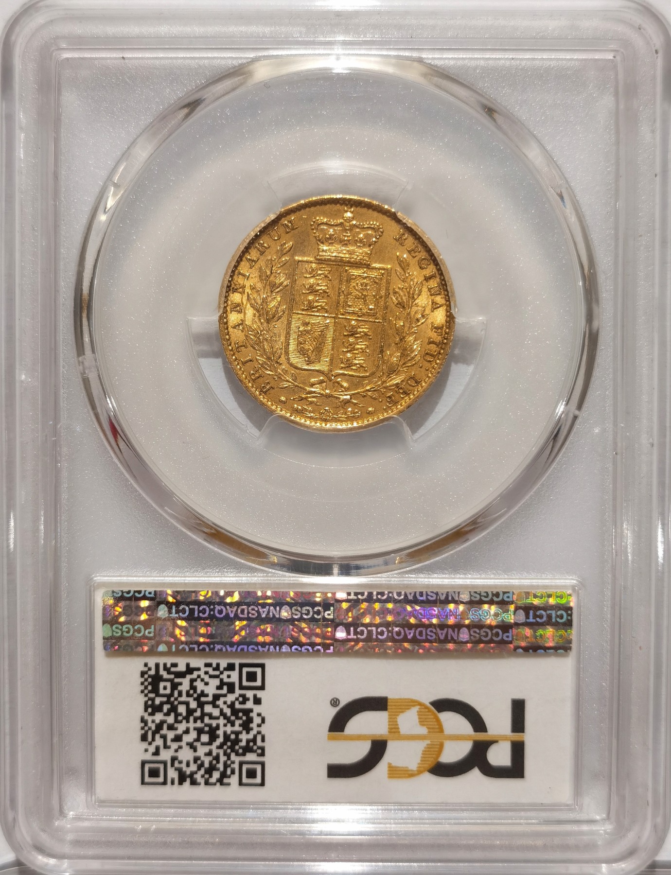 博洋堂“纯白金之夜”精品专场暨第039期（全场包邮） PCGS AU58 英国1854年青年维多利亚1索维林金币，早期盾徽，金色纯正
