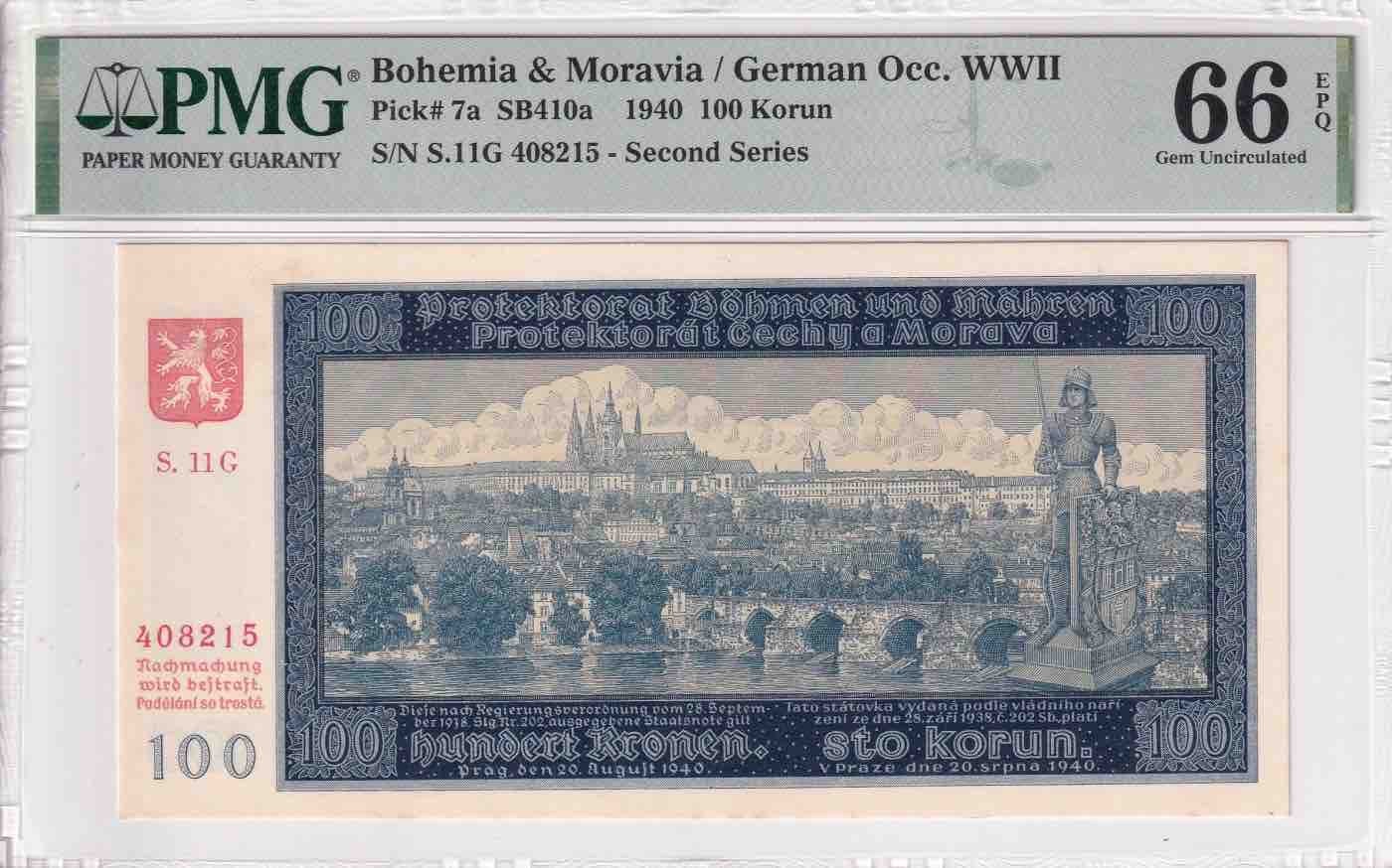 乐淘淘纸币精选 第15期 周五周六连拍第二场 【被鸽重返】波西米亚1940年纸币 100克朗 PMG66EPQ