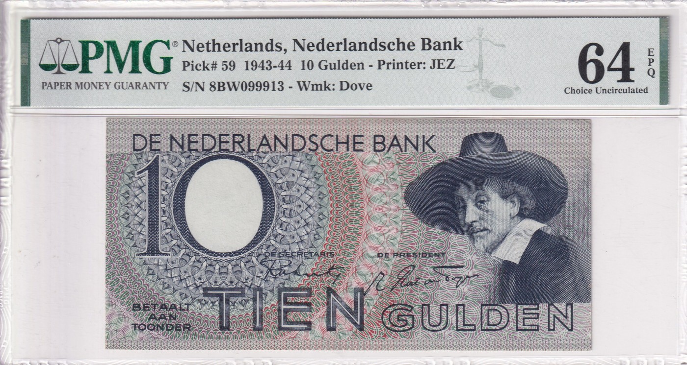 乐淘淘纸币精选 第15期 周五周六连拍第二场 【8BW099913】荷兰1943-44年纸币 10荷兰盾 号码无47 PMG64EPQ