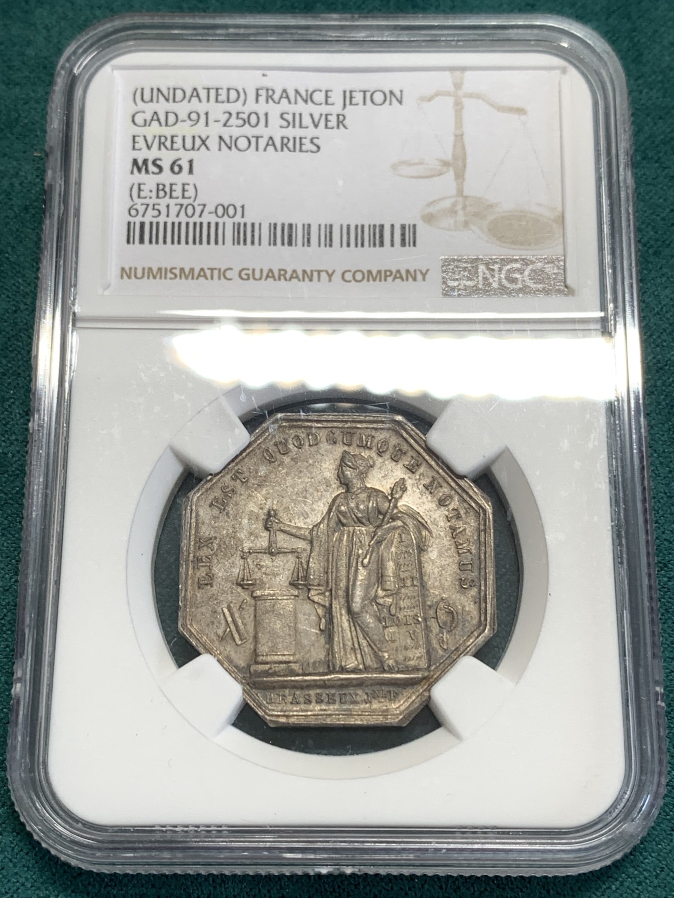 《竞宝斋》第189场-周日，周一 2场 (全场包邮) NGC-MS61 法国公正女神 八角代币银章 19世纪 浮雕优美 包浆深邃