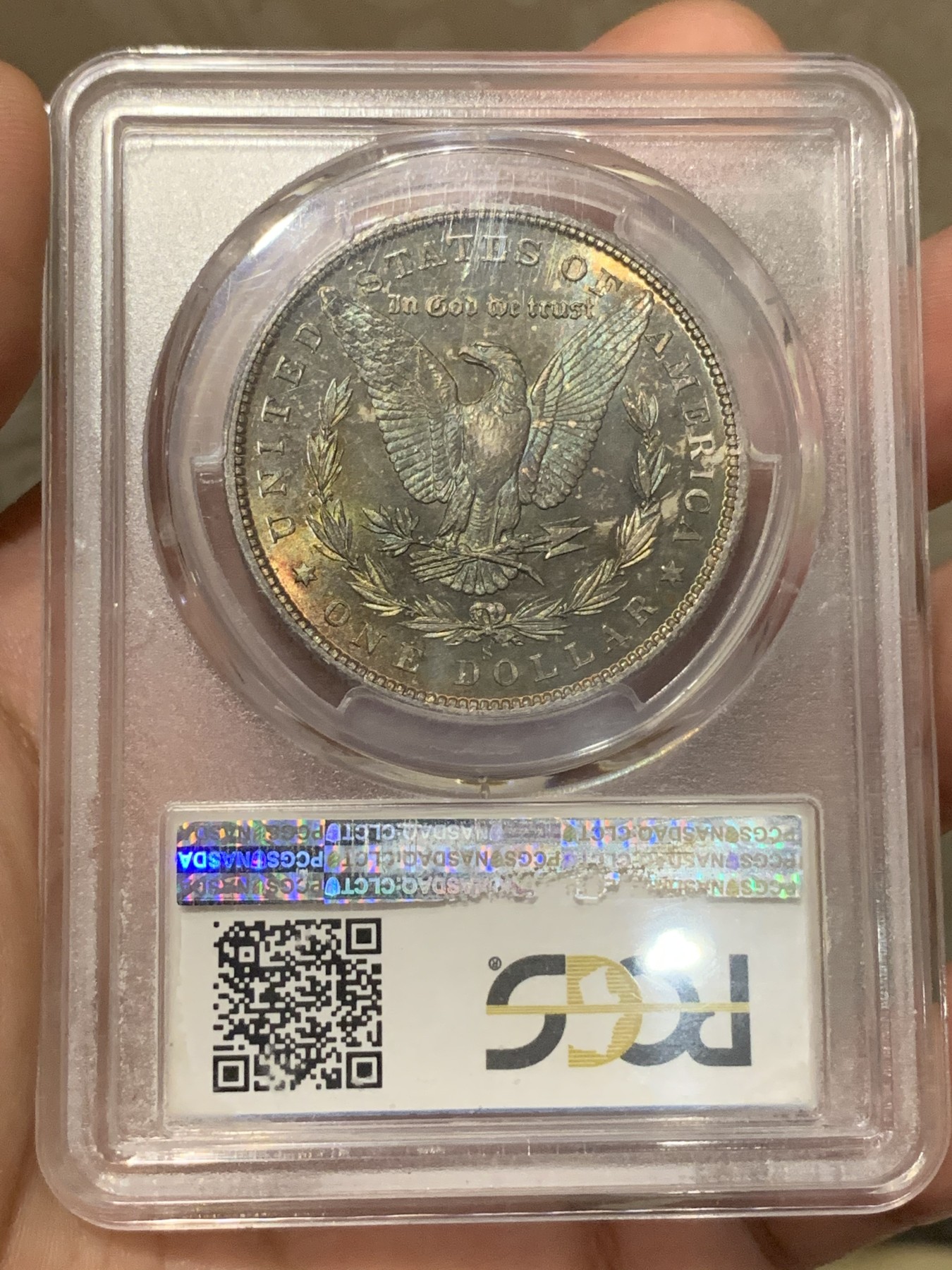 《竞宝斋》第189场-周日，周一 2场 (全场包邮) PCGS MS65 美国1880年摩根 极品五彩 这个五彩不多说了 喜欢直接干