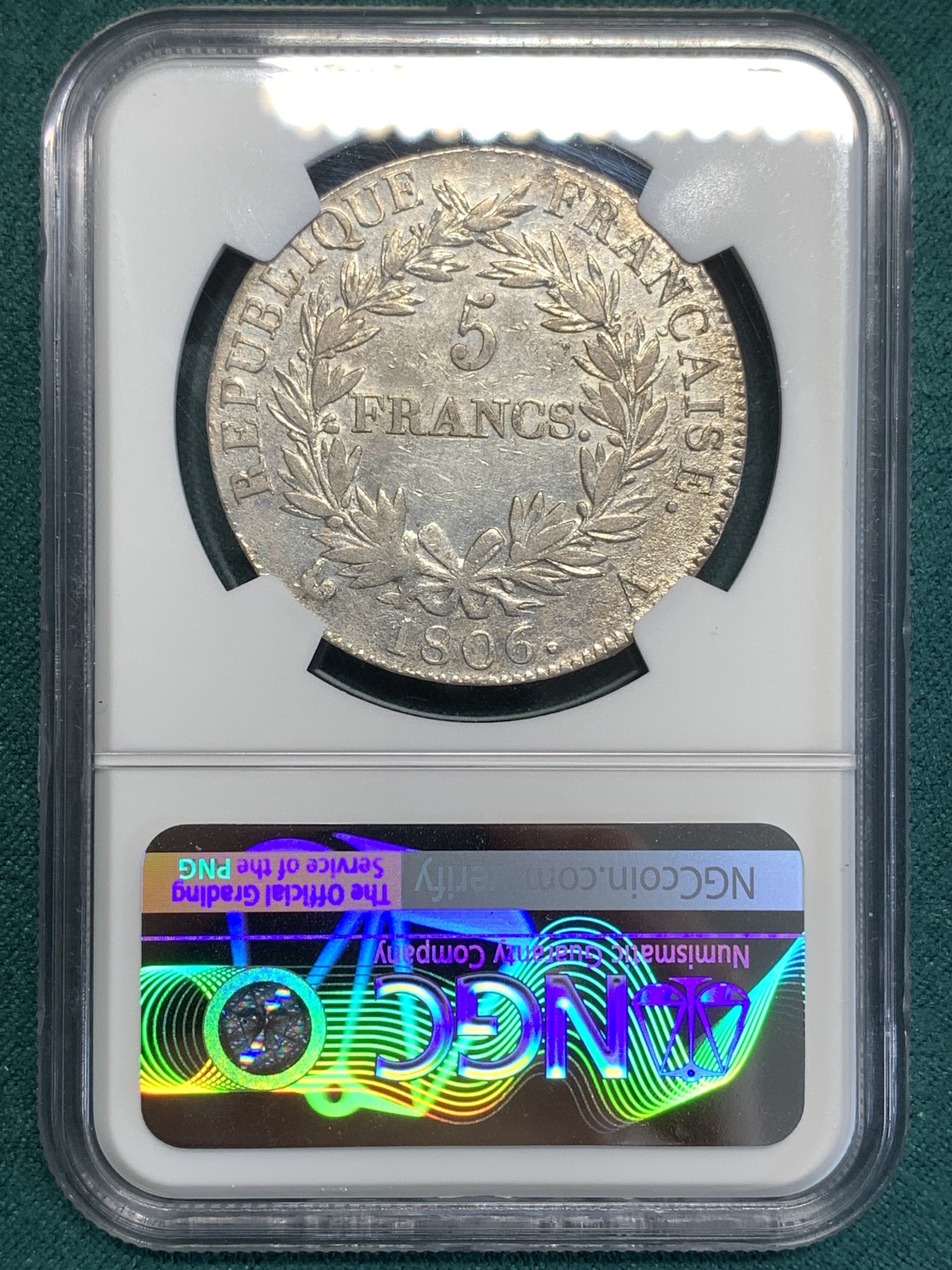 《竞宝斋》第189场-周日，周一 2场 (全场包邮) NGC XF 法国1806年拿破仑一世5法郎银币 少见头像 底板带光 非常不错