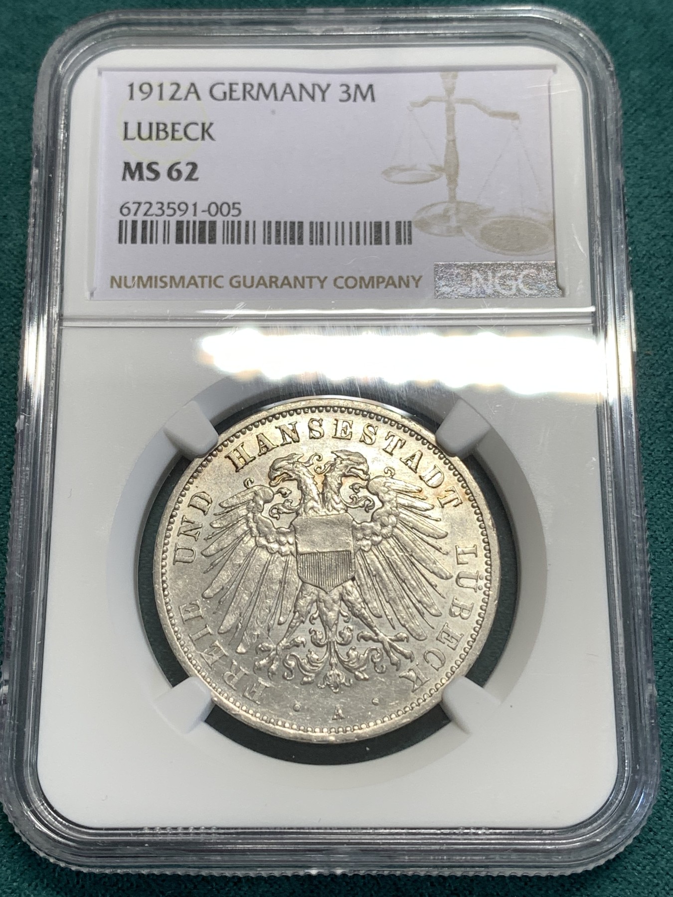 《竞宝斋》第189场-周日，周一 2场 (全场包邮) NGC MS62 德国1912吕贝克自由市双头鹰3马克银币