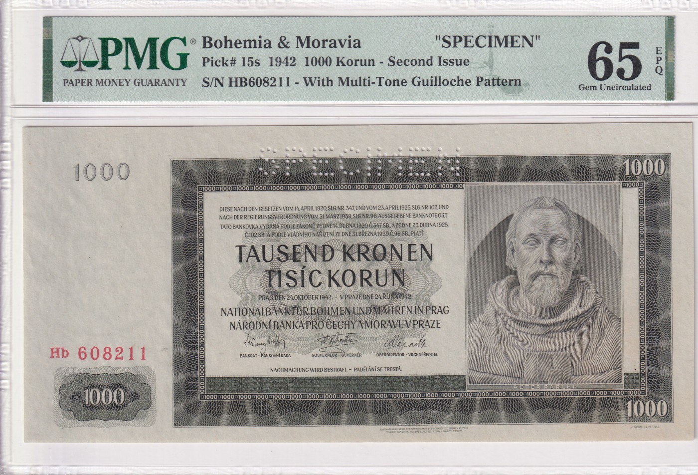 乐淘淘纸币精选 第15期 周五周六连拍第二场 【HB608211】波西米亚1942年纸币 1000克朗 样钞 大票幅 号码无3457 PMG65EPQ 季军分