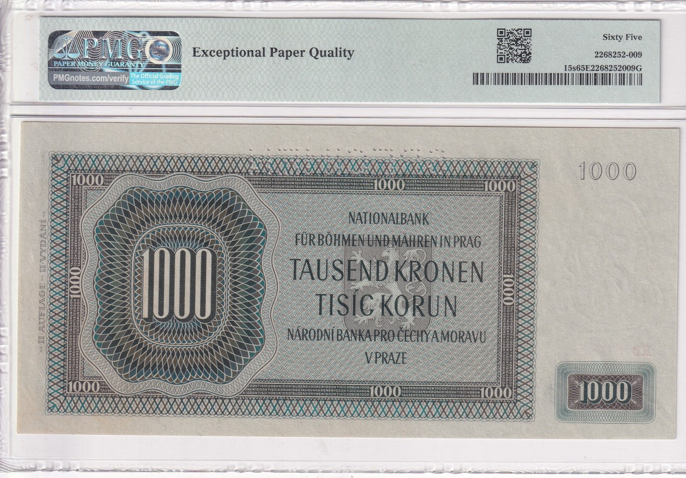 乐淘淘纸币精选 第15期 周五周六连拍第二场 【HB608211】波西米亚1942年纸币 1000克朗 样钞 大票幅 号码无3457 PMG65EPQ 季军分