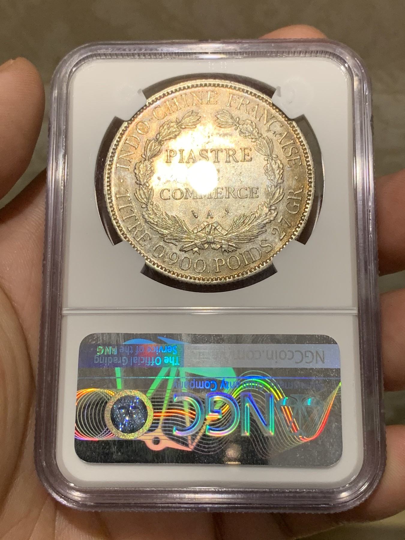 《竞宝斋》第189场-周日，周一 2场 (全场包邮) NGC MS62 法属印支 1907年坐洋银币 淡彩包浆 比较难得