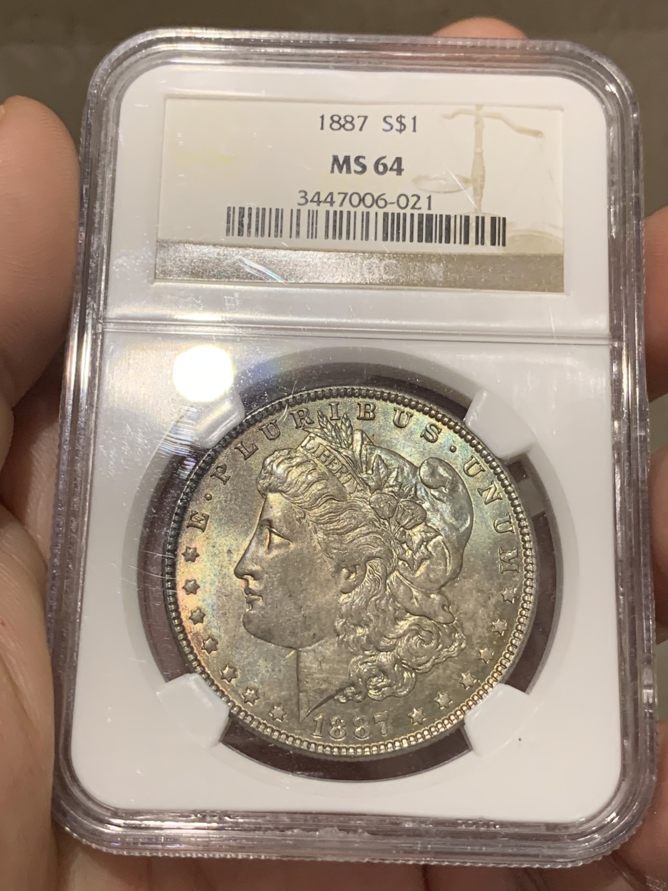 《竞宝斋》第189场-周日，周一 2场 (全场包邮) NGC-MS64 美国1887摩根银元 双面重彩 非常漂亮