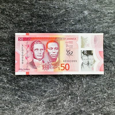100th 🐰￥￥ 🇯🇲牙买加2023年50和100元塑料钞，流通纪念钞 - 牙买加2023年50元塑料钞，流通纪念钞，豹子号999，AE060999
