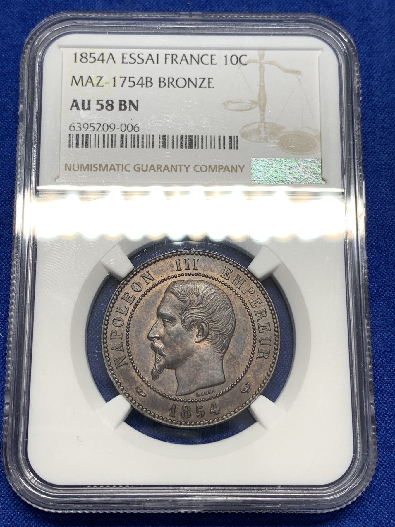 《竞宝斋》第189场-周日，周一 2场 (全场包邮) NGC AU58BN 法国1854 A 拿破仑三世 10分 铜样币 ，拿三样币太少见了