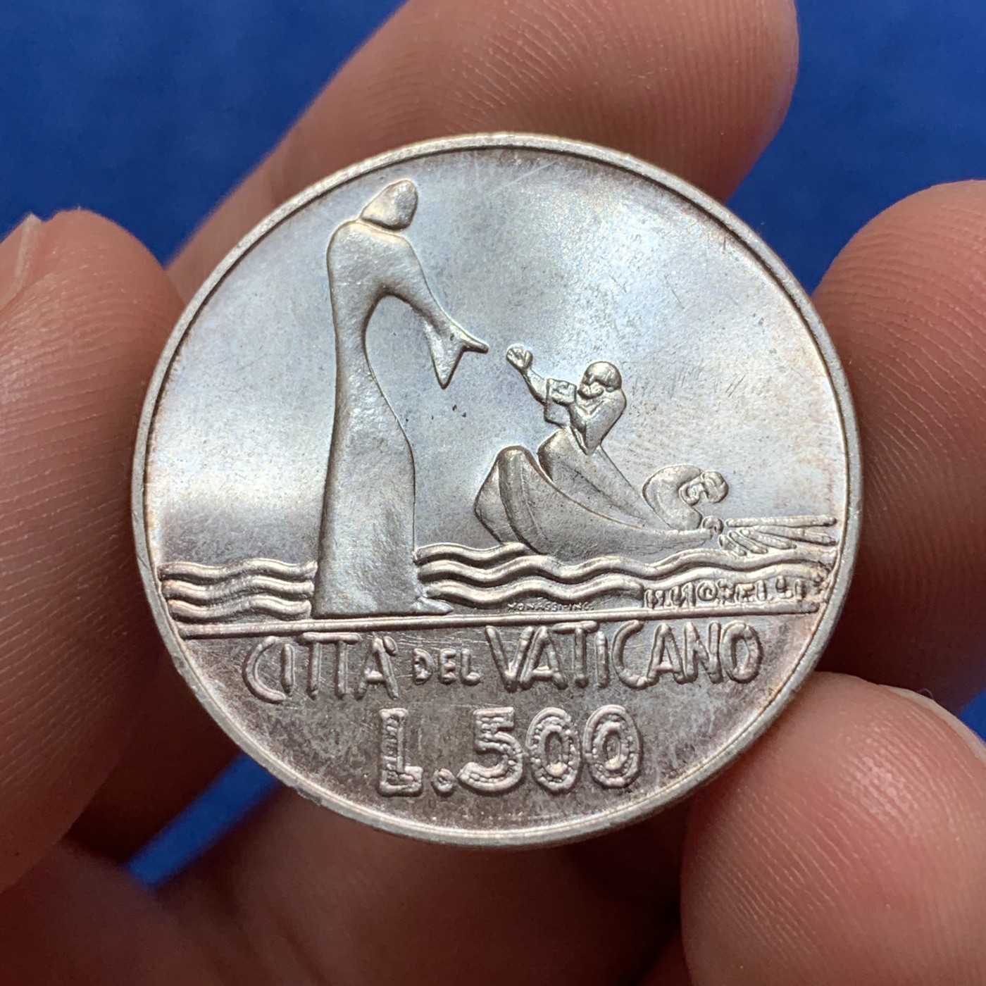 《竞宝斋》第189场-周日，周一 2场 (全场包邮) 梵蒂冈1978年500里拉银币  耶稣在水上行走。