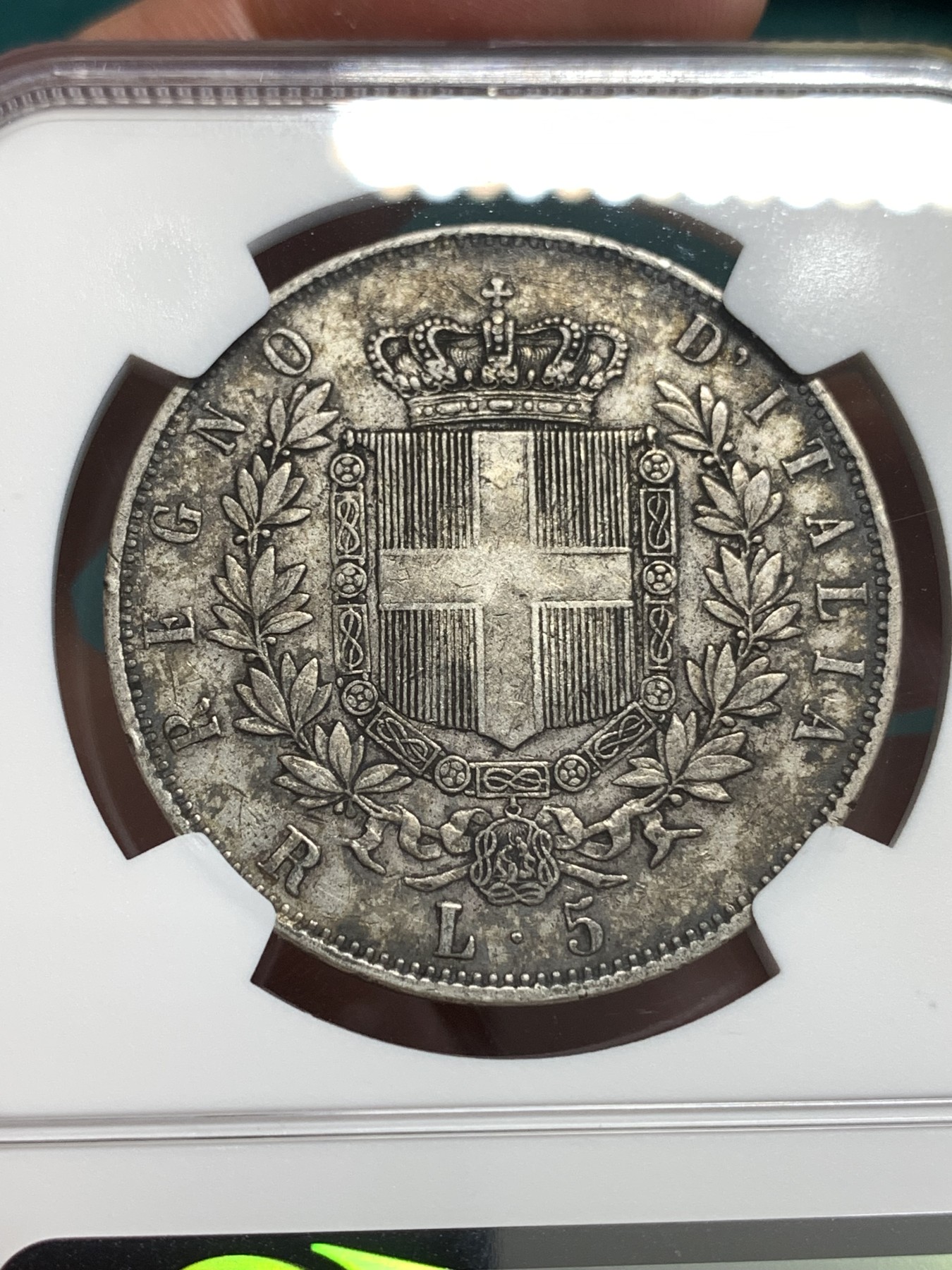 《竞宝斋》第189场-周日，周一 2场 (全场包邮) NGC XFD 意大利1876年伊曼纽尔二世5里拉大银币 原味老包浆