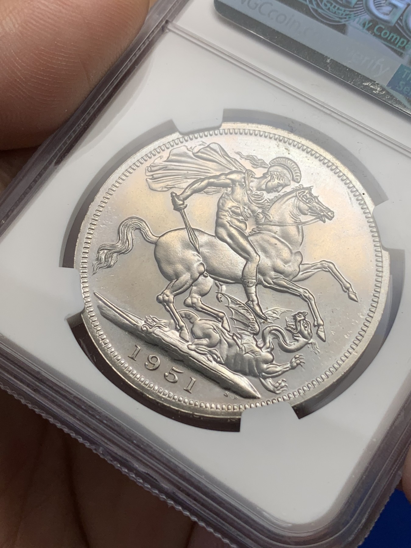 《竞宝斋》第189场-周日，周一 2场 (全场包邮) NGC-PL64 英国 1951年 1克朗 乔治六世 最后的马剑 PL底板 品相好 非常靓