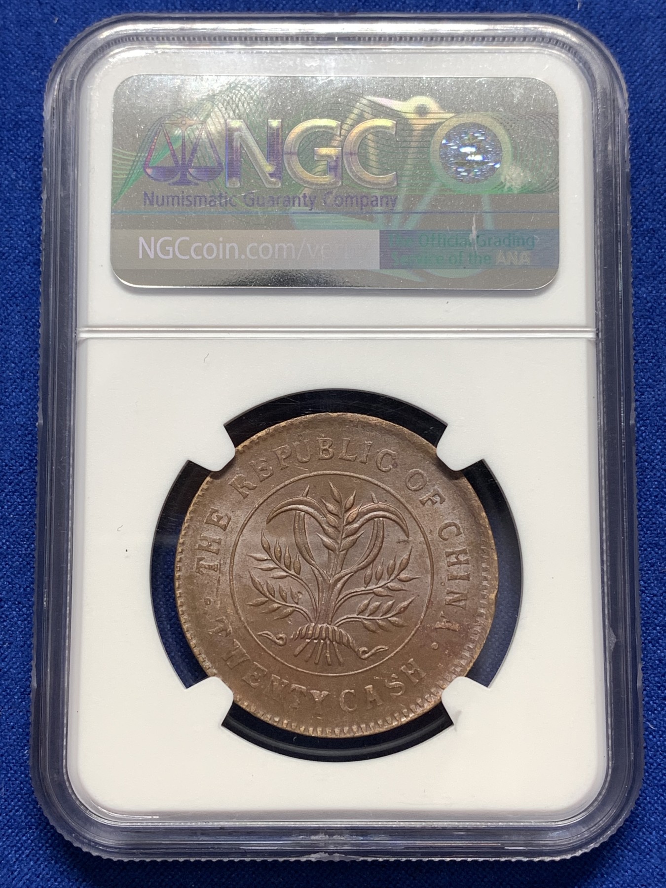 《竞宝斋》第189场-周日，周一 2场 (全场包邮) NGC-MS62BN 中国 1919年 湖南省造 当制钱二十文 双旗铜币 巧克力底板 光也不错