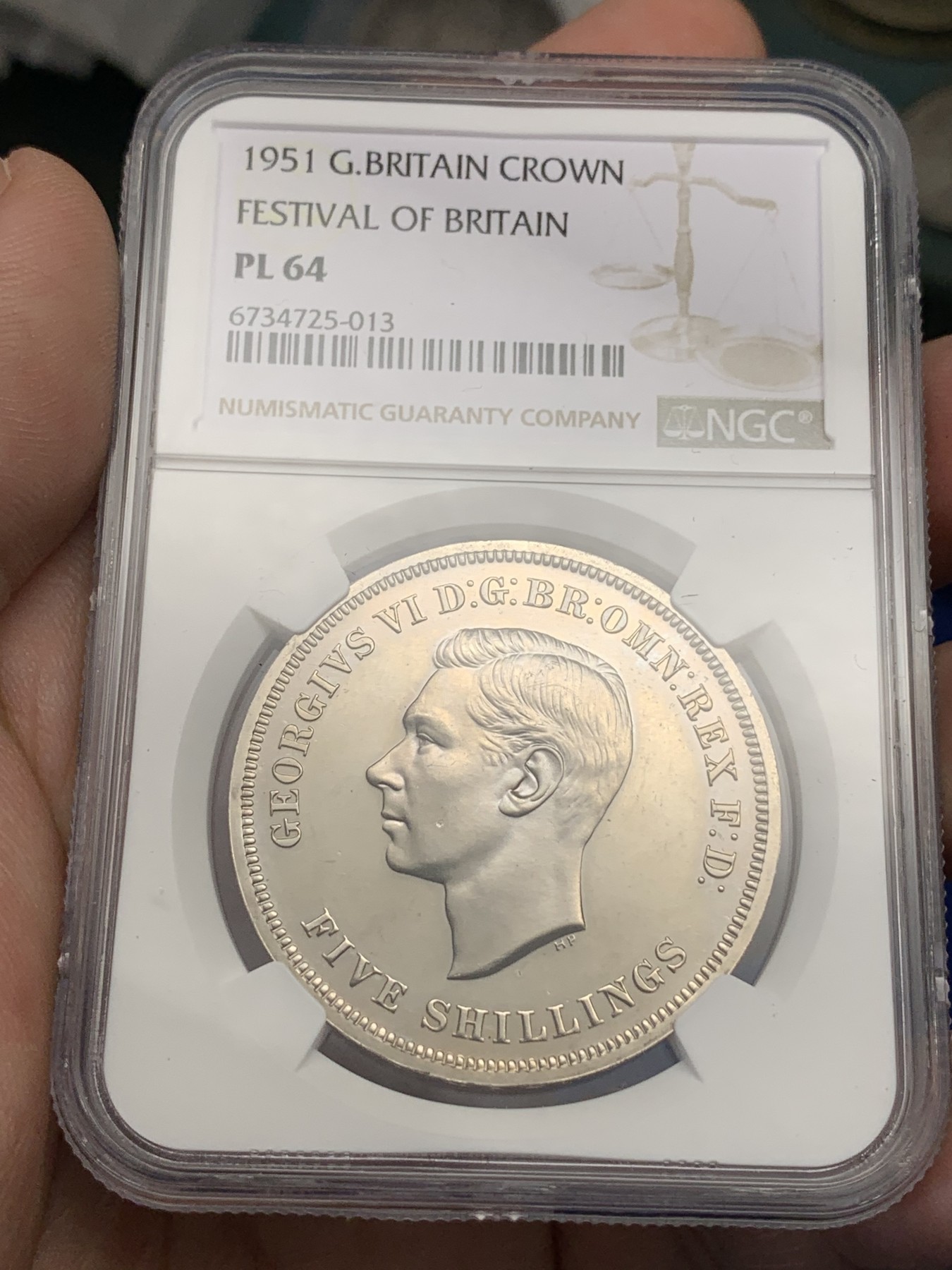《竞宝斋》第189场-周日，周一 2场 (全场包邮) NGC-PL64 英国 1951年 1克朗 乔治六世 最后的马剑 PL底板 品相好 非常靓