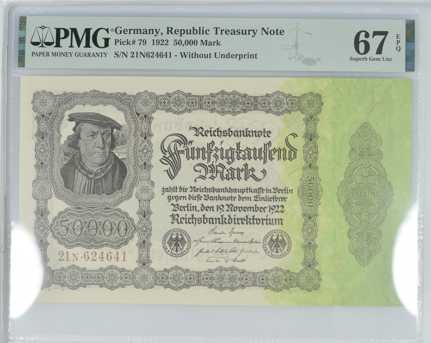 乐淘淘纸币精选 第15期 周五周六连拍第二场 【21N624641】德国1922年纸币 50000马克 百年老钞 大票幅 PMG67EPQ 亚军分（冠军分仅一张）