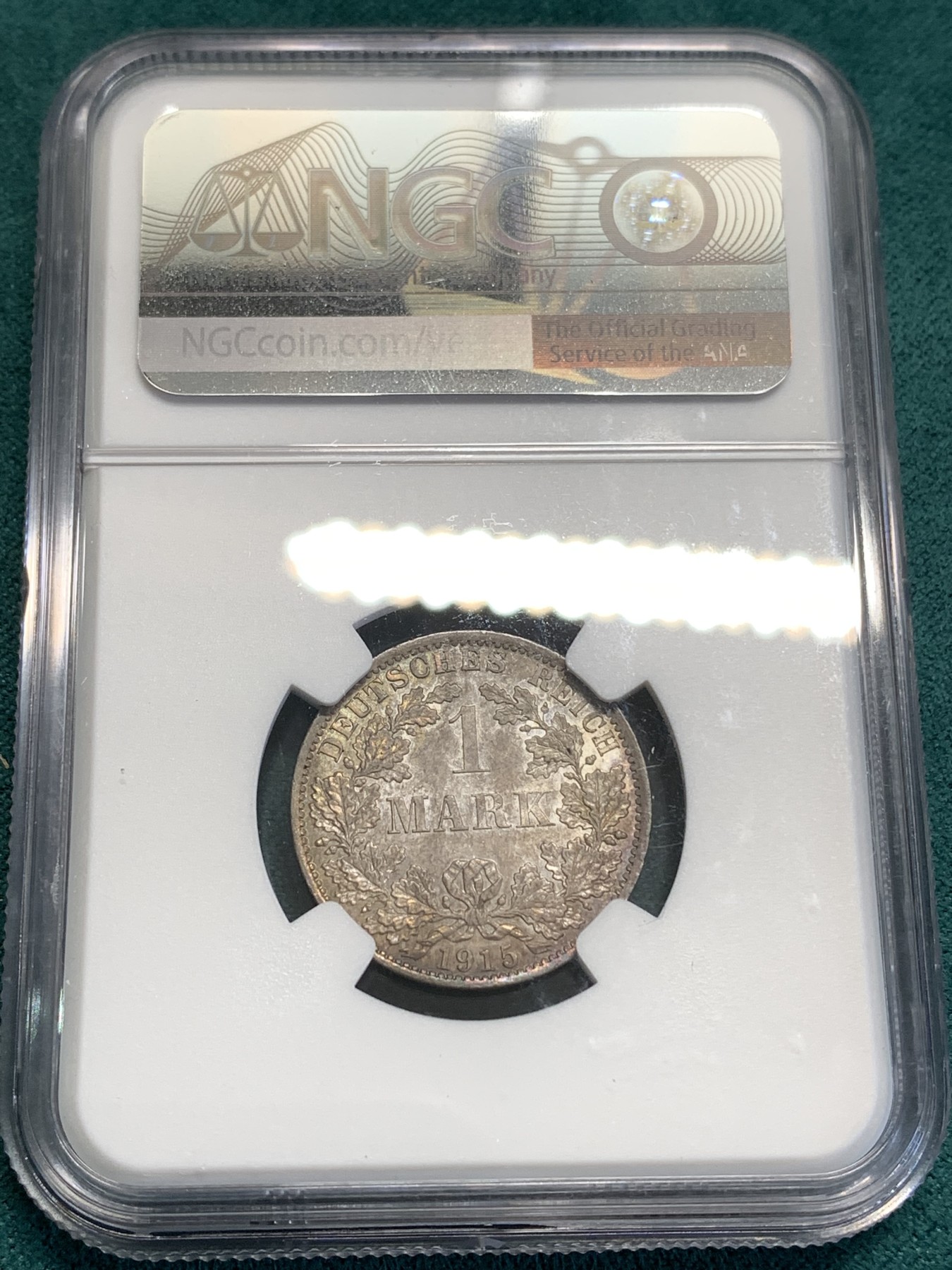 《竞宝斋》第189场-周日，周一 2场 (全场包邮) NGC-MS62 德国1915年A版1马克银币 整体五彩包浆 炫彩夺目